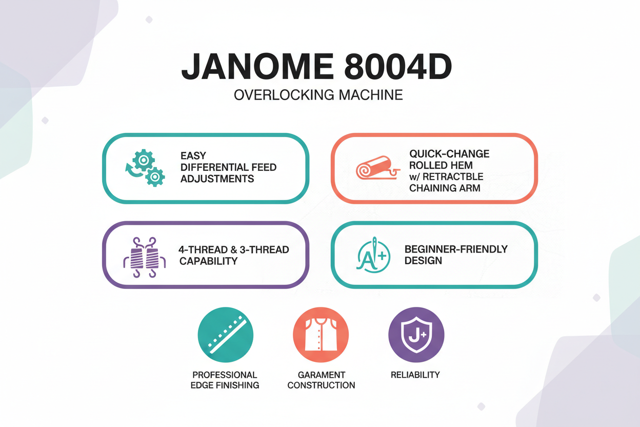 Janome 8004D Four Thread Differential Feed Overlocker + Bonus 4 White Overlocking Threads (valued at $20)