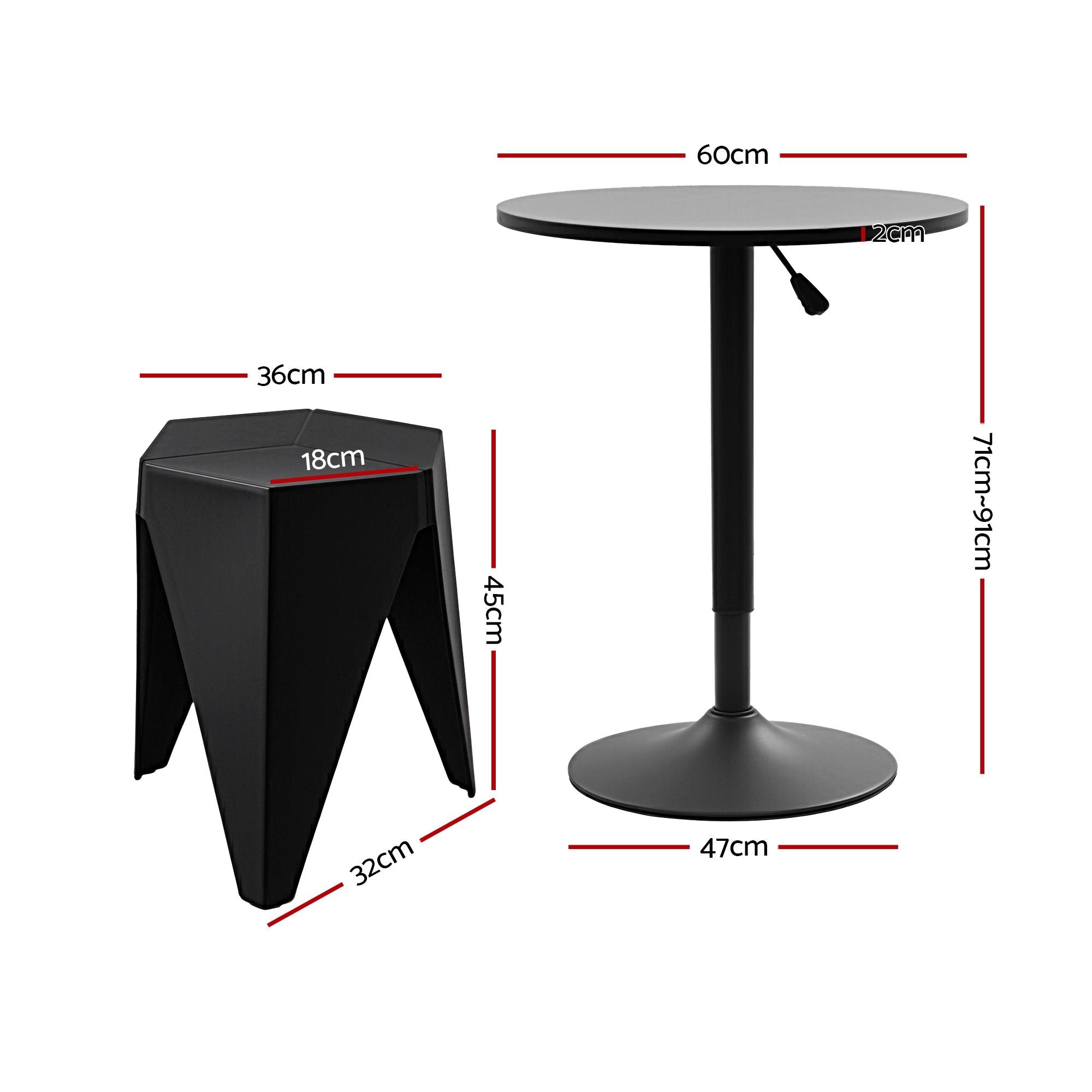 Artiss 3-Piece Bar Table and Stool Set – Height Adjustable, 360° Swivel, Black