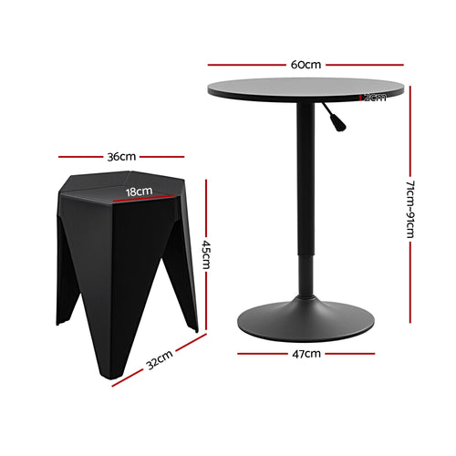 Black stool and round table with dimensions labeled on a white background