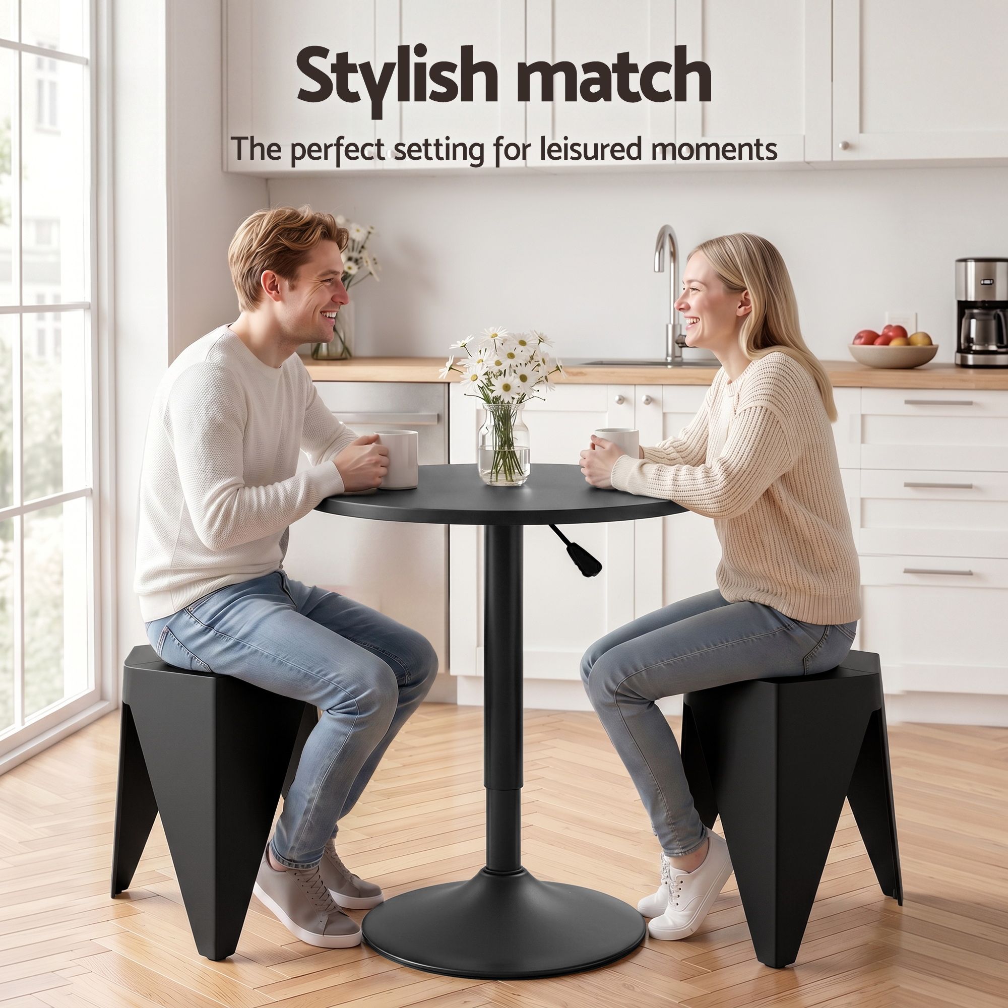 Artiss 3-Piece Bar Table and Stool Set – Height Adjustable, 360° Swivel, Black