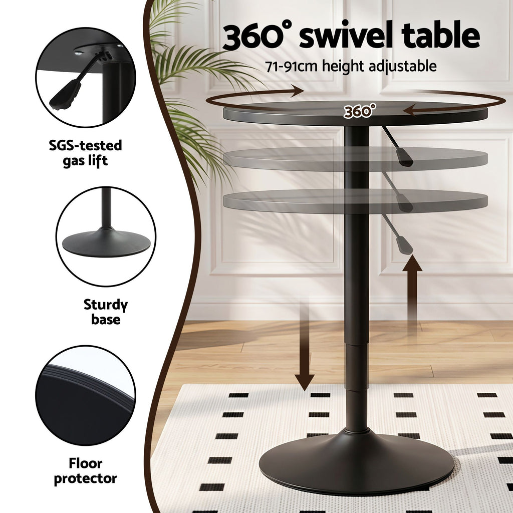 Artiss 3-Piece Bar Table and Stool Set – Height Adjustable, 360° Swivel, Black