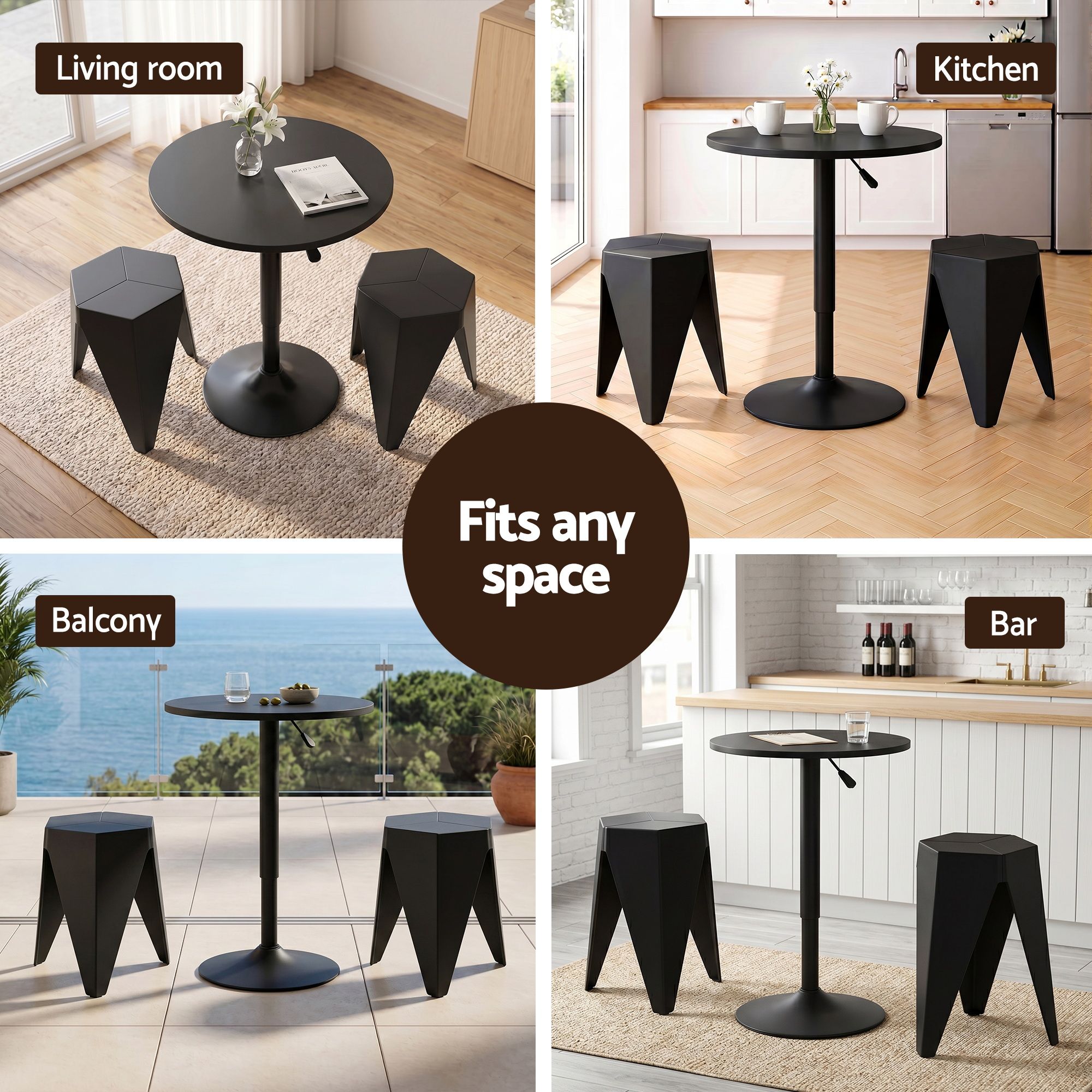 Artiss 3-Piece Bar Table and Stool Set – Height Adjustable, 360° Swivel, Black