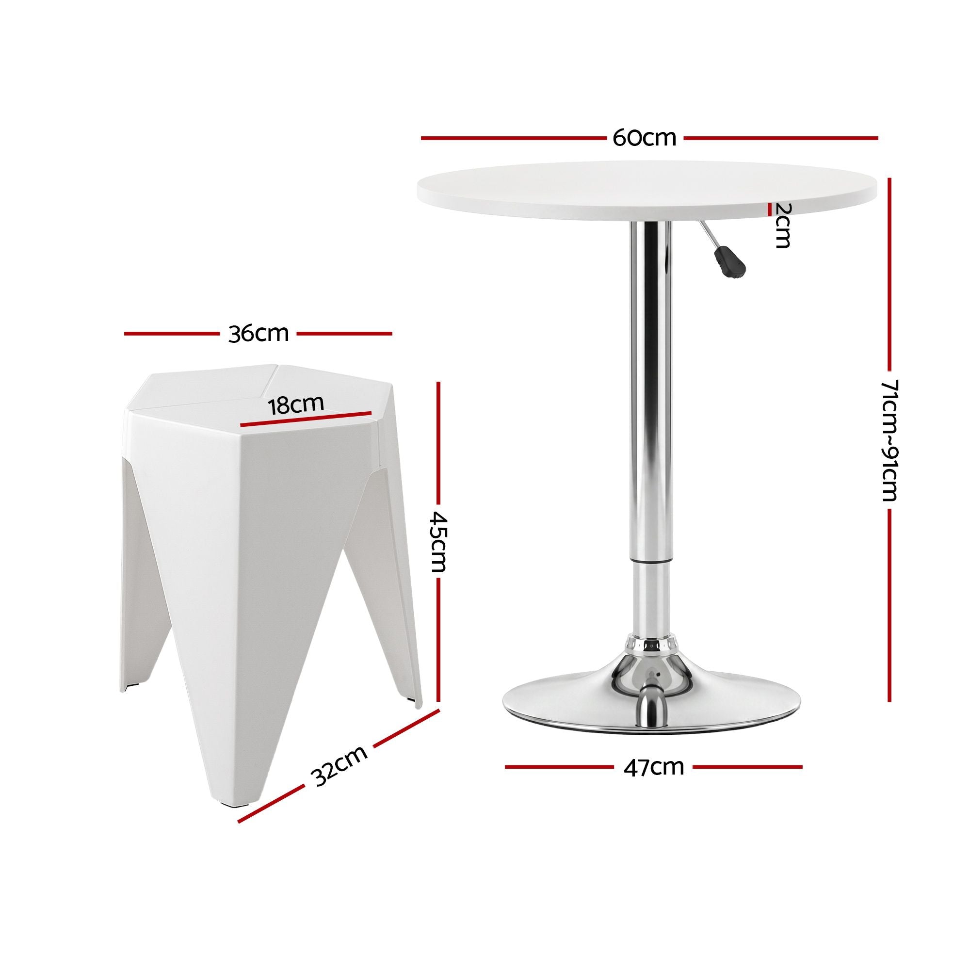 Artiss 3-Piece Bar Table and Stool Set – Height Adjustable, 360° Swivel, White