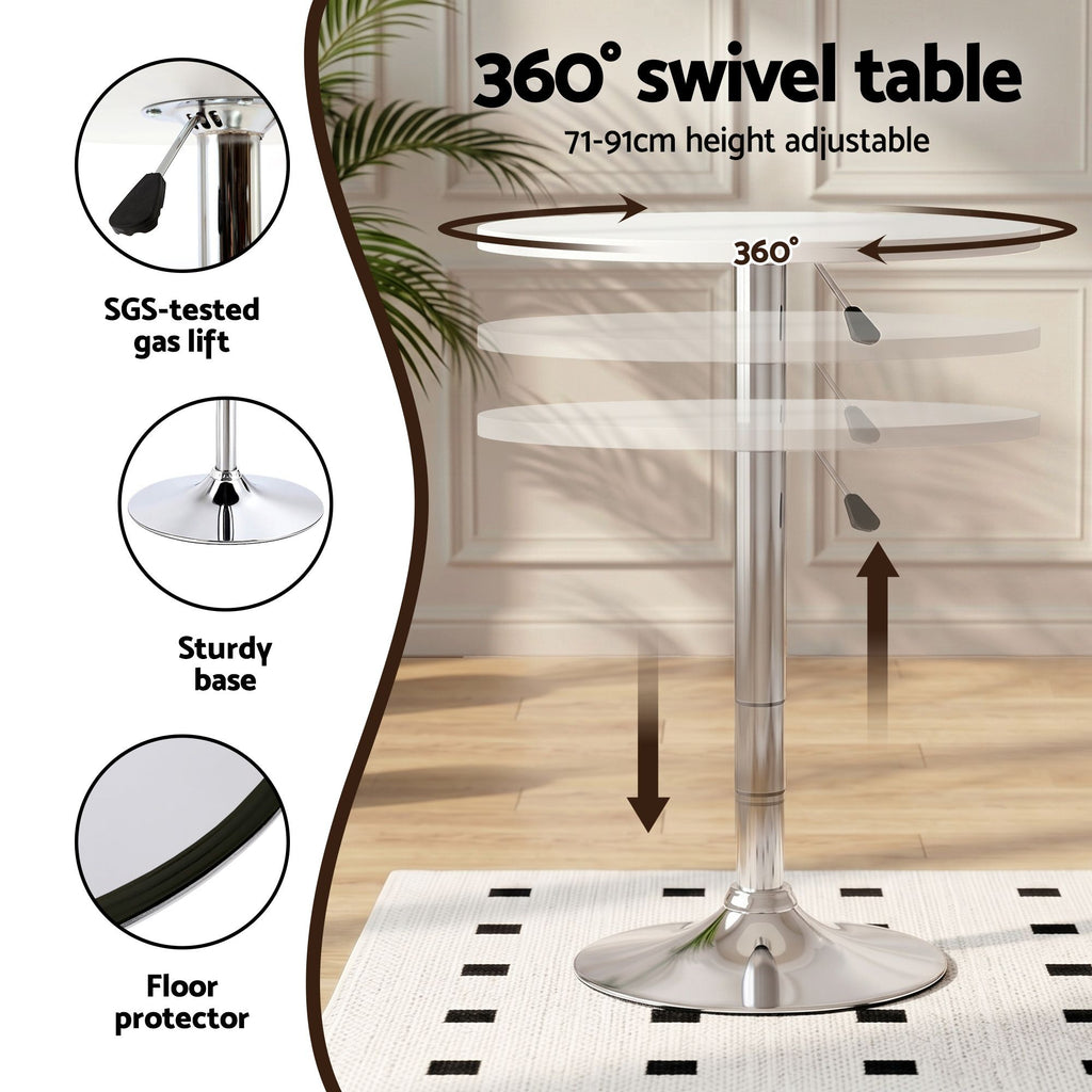 Artiss 3-Piece Bar Table and Stool Set – Height Adjustable, 360° Swivel, White