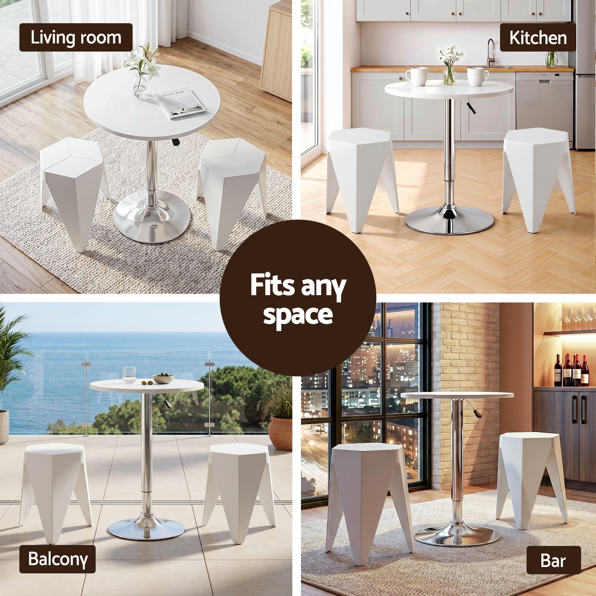 Artiss 3-Piece Bar Table and Stool Set – Height Adjustable, 360° Swivel, White