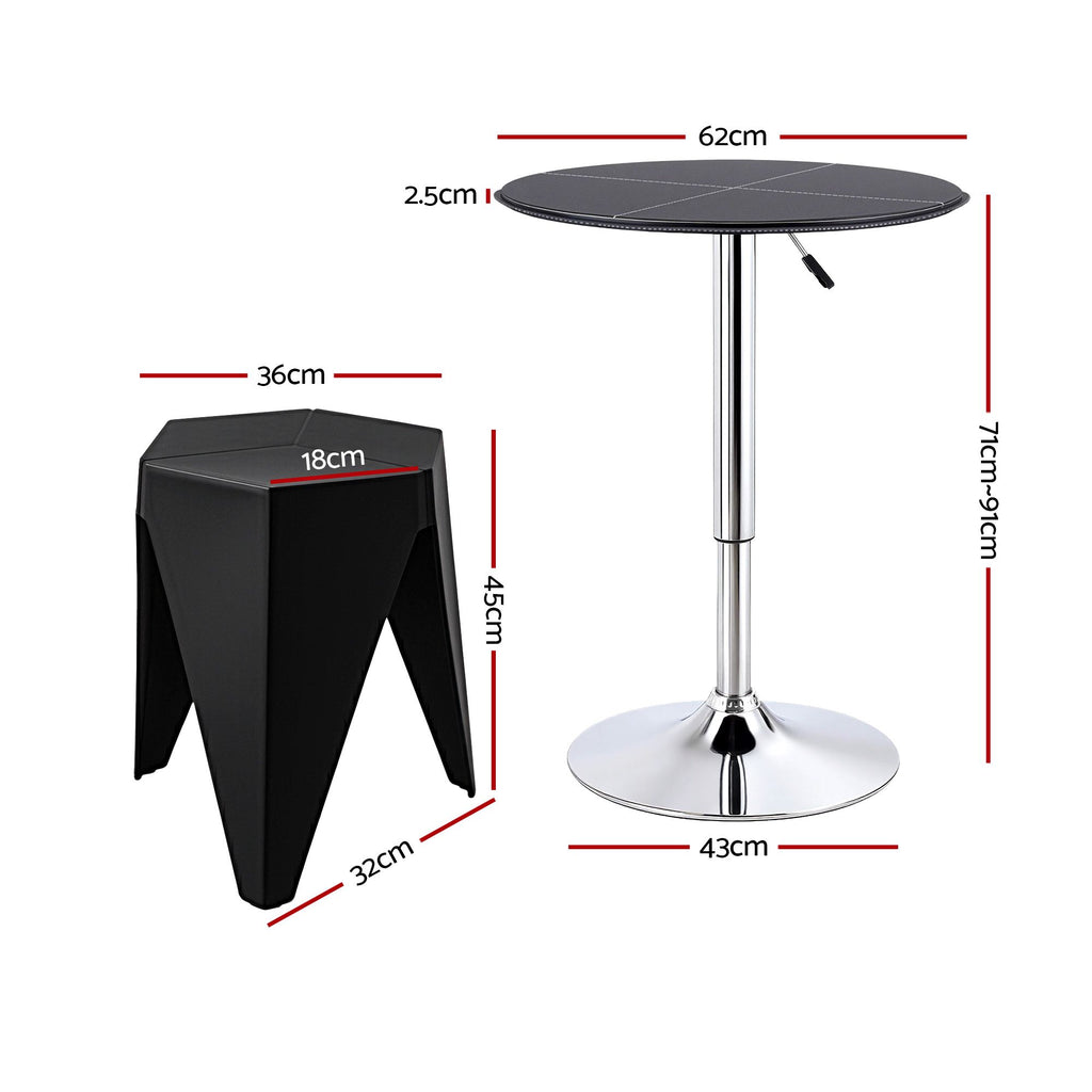 Artiss 3-Piece Bar Table and Stool Set – PVC Leather Top, Height Adjustable, 360° Swivel, Black