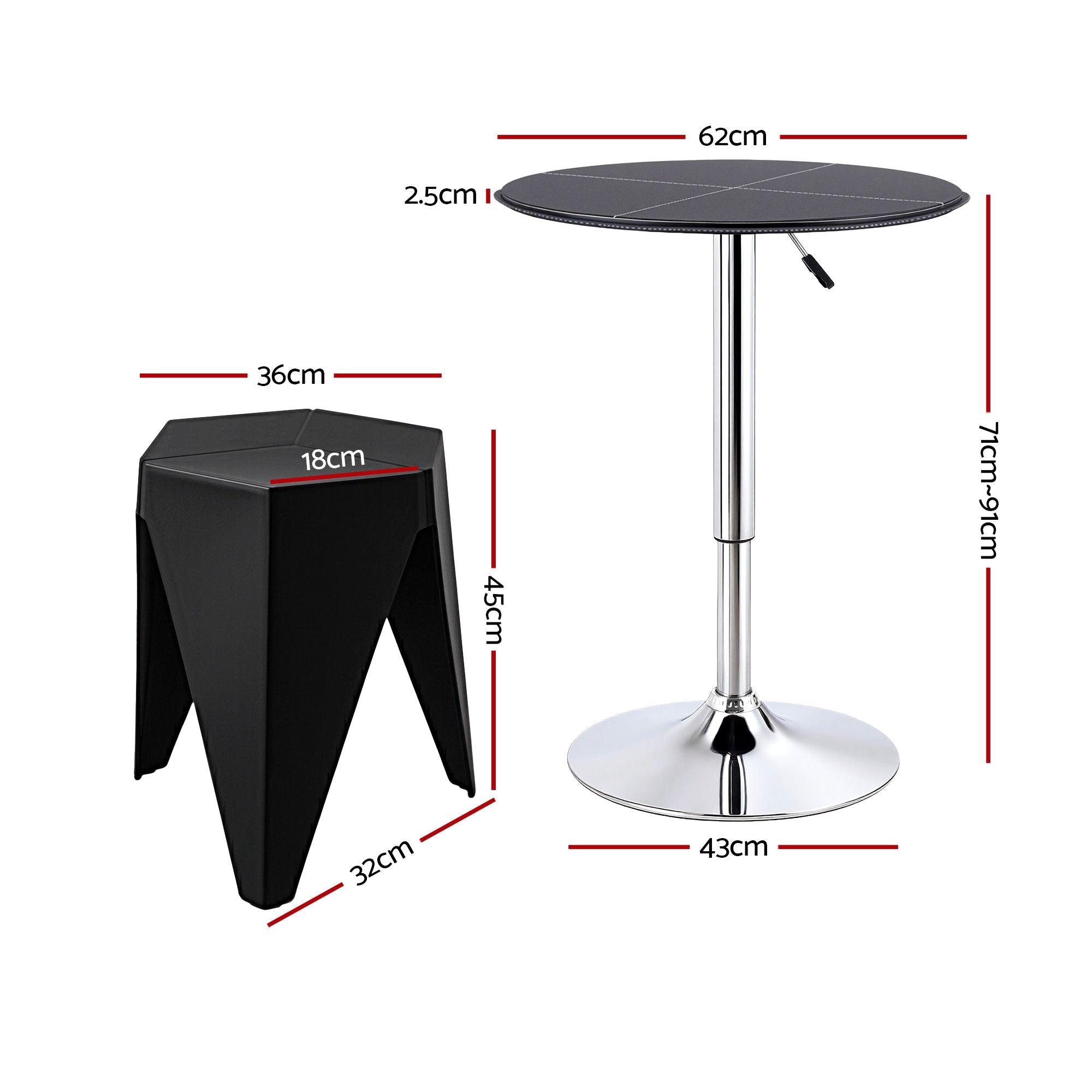 Artiss 3-Piece Bar Table and Stool Set – PVC Leather Top, Height Adjustable, 360° Swivel, Black