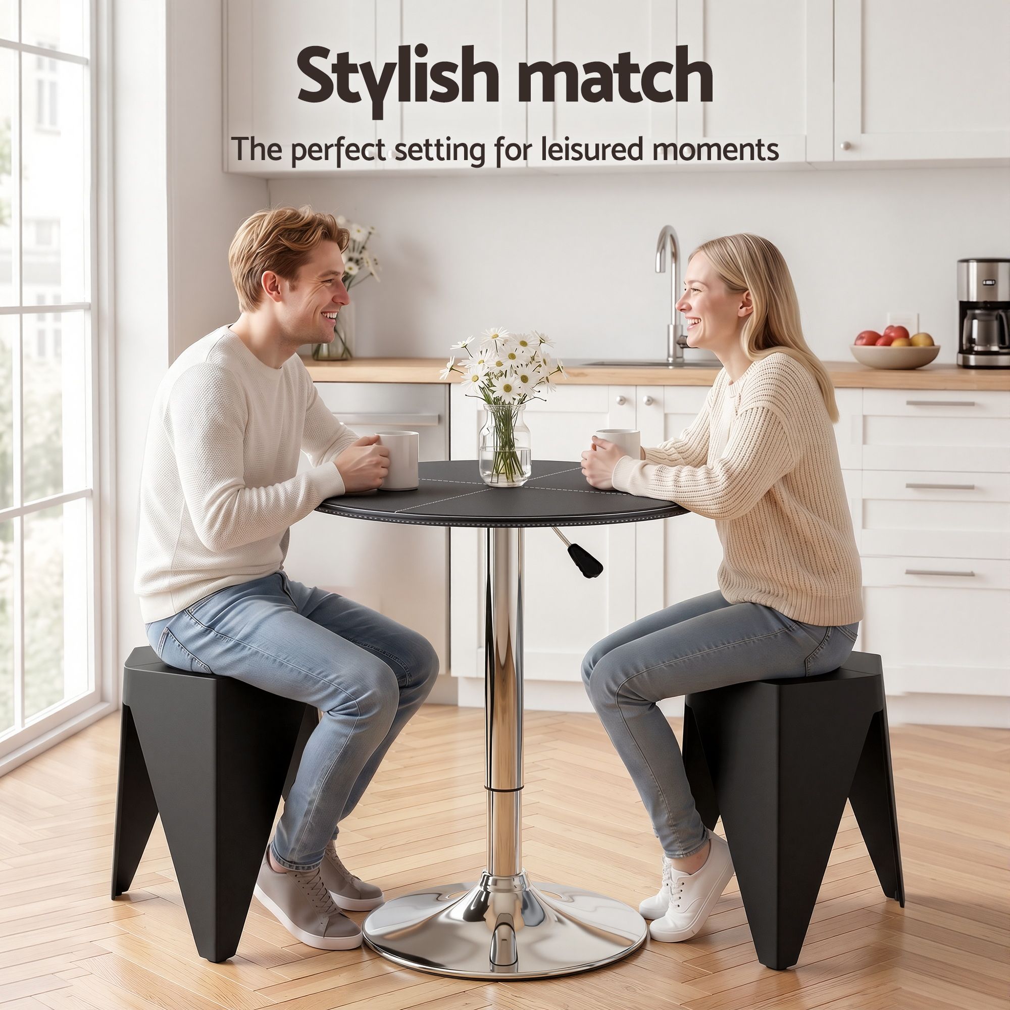 Artiss 3-Piece Bar Table and Stool Set – PVC Leather Top, Height Adjustable, 360° Swivel, Black