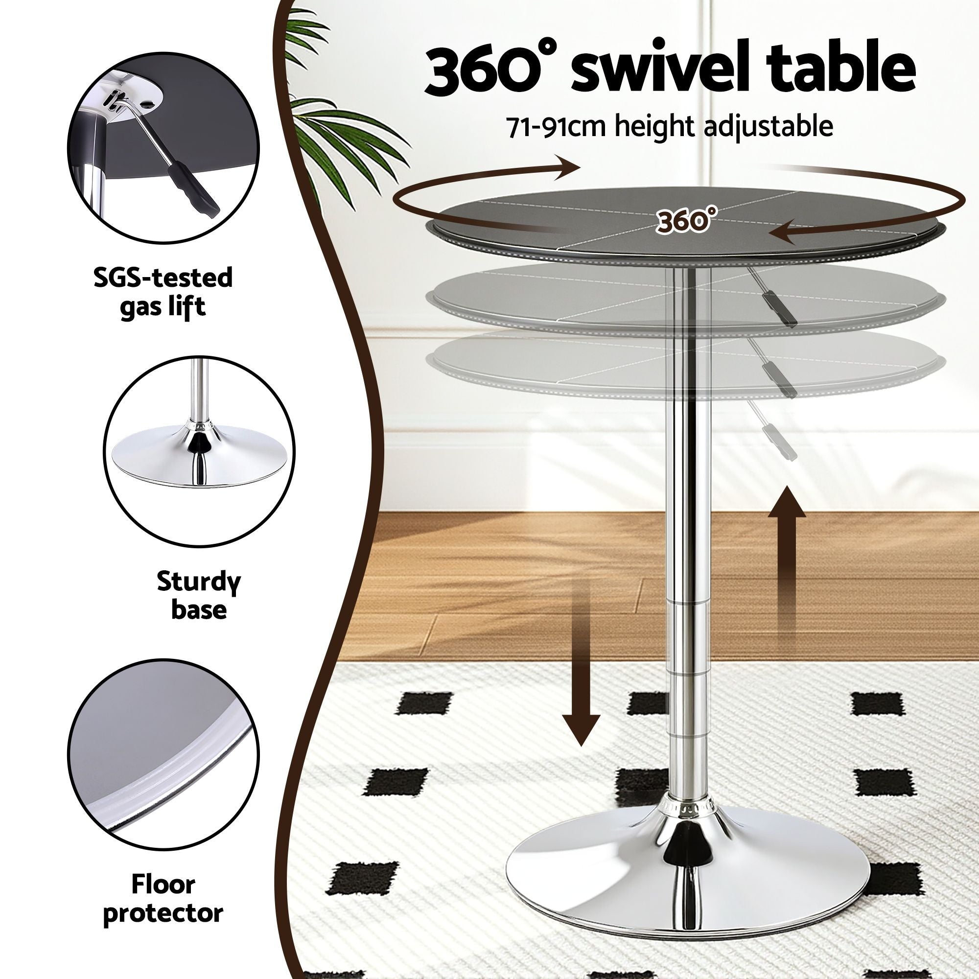 Artiss 3-Piece Bar Table and Stool Set – PVC Leather Top, Height Adjustable, 360° Swivel, Black