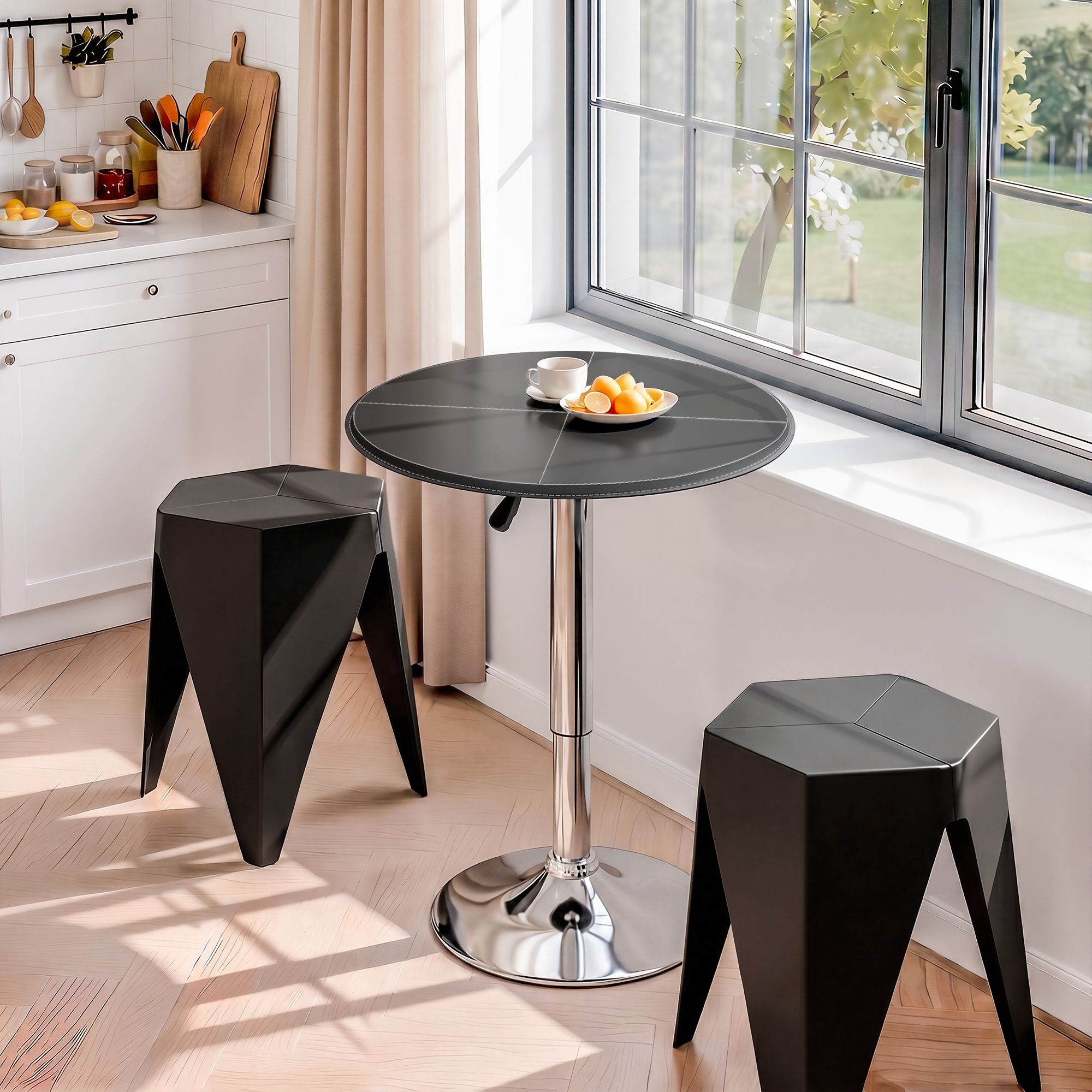 Artiss 3-Piece Bar Table and Stool Set – PVC Leather Top, Height Adjustable, 360° Swivel, Black