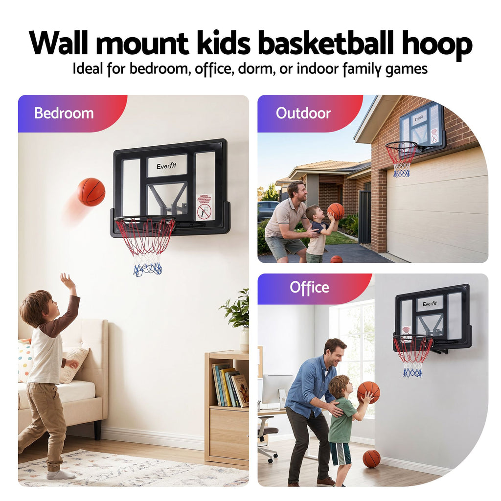 Wall mount kids basketball hoop with usage scenarios in bedroom, outdoor, and office.