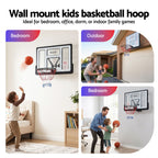 Wall mount kids basketball hoop with usage scenarios in bedroom, outdoor, and bedroom.