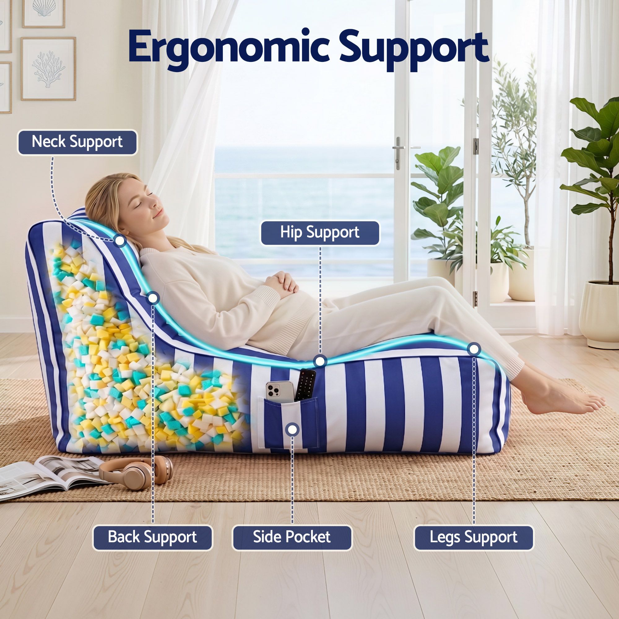 Artiss Outdoor Bean Bag Lounge Chair with Memory Foam Filler – Splash-Proof, Washable, Blue & White