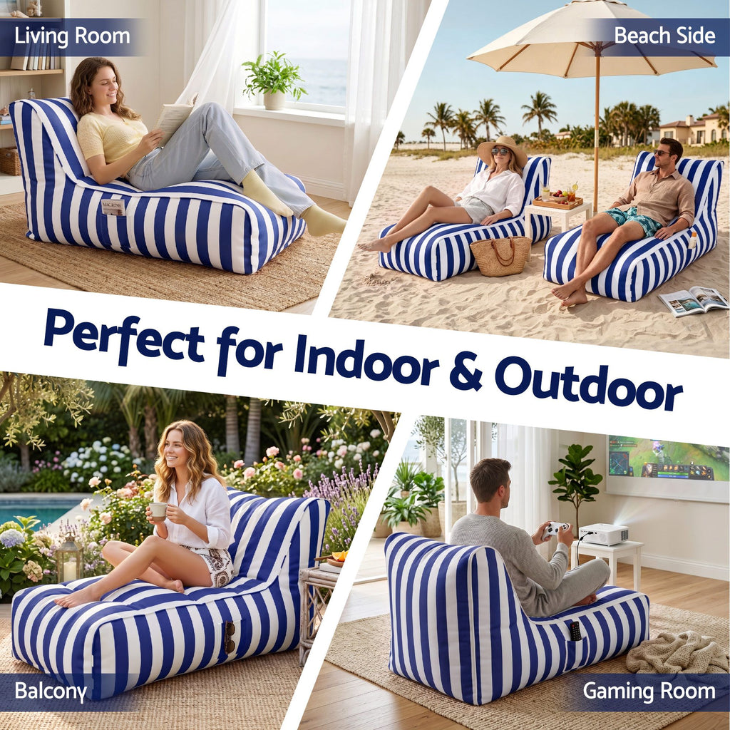 Artiss Outdoor Bean Bag Lounge Chair with Memory Foam Filler – Splash-Proof, Washable, Blue & White
