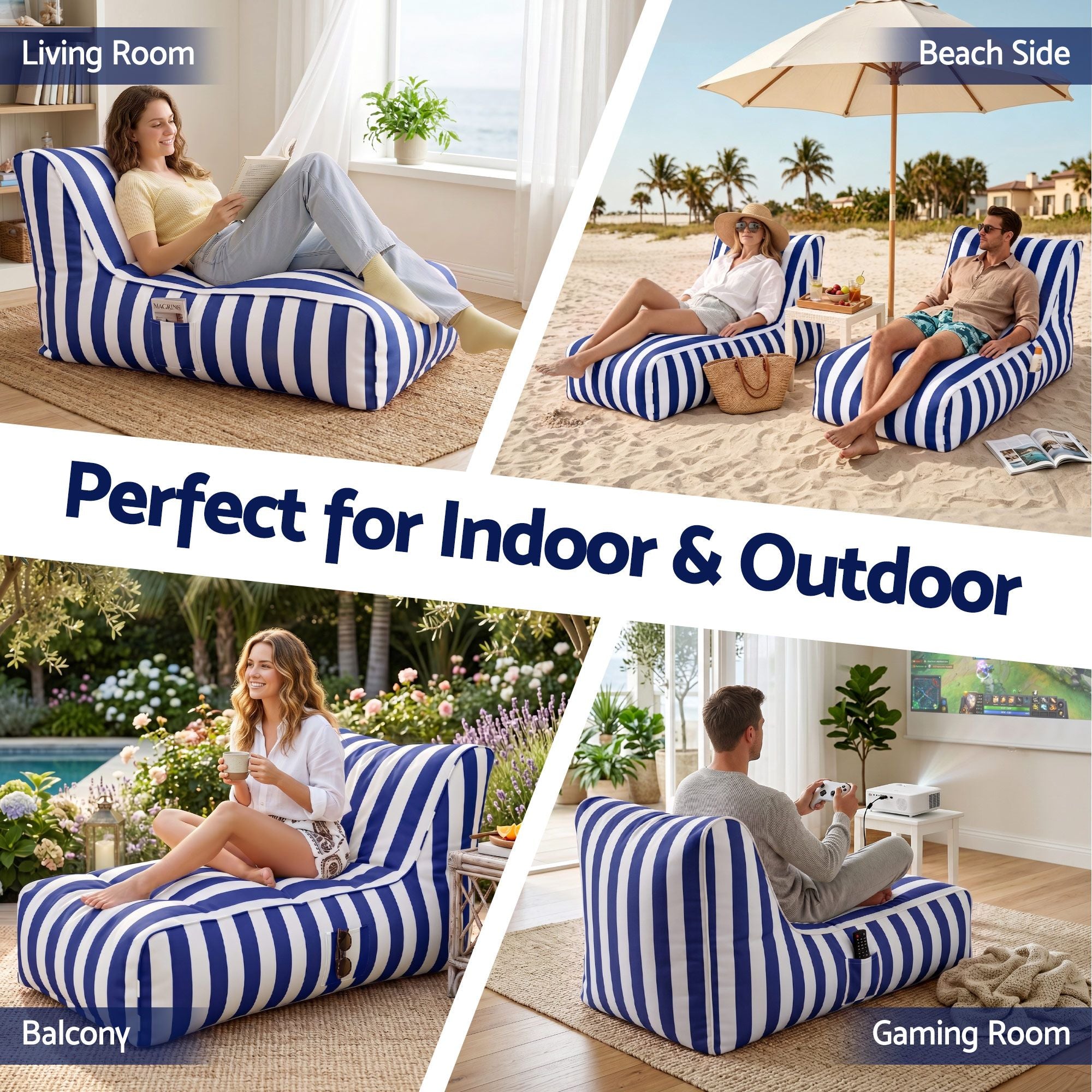 Artiss Outdoor Bean Bag Lounge Chair with Memory Foam Filler – Splash-Proof, Washable, Blue & White