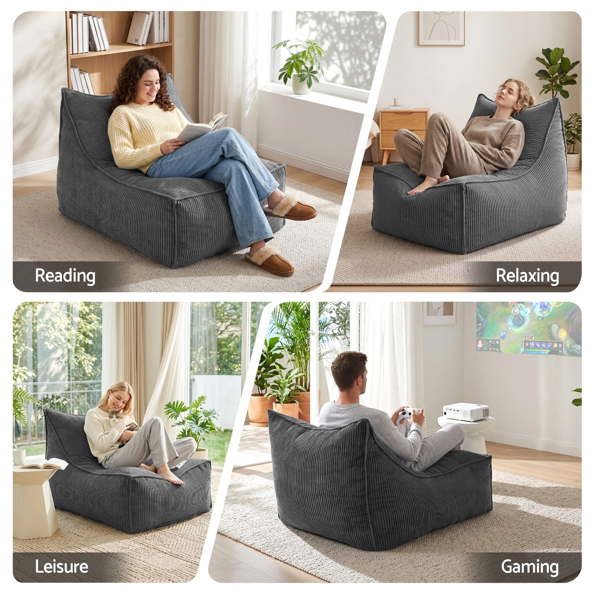 Artiss Bean Bag Chair with Memory Foam Filler – Soft Corduroy, Washable, Grey