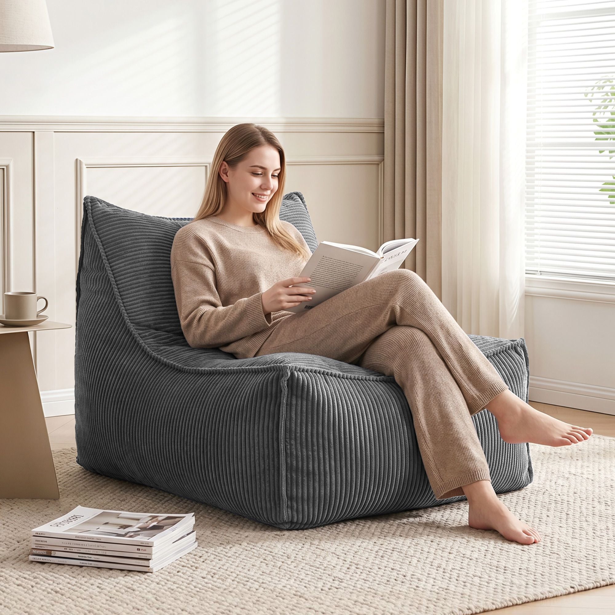 Artiss Bean Bag Chair with Memory Foam Filler – Soft Corduroy, Washable, Grey