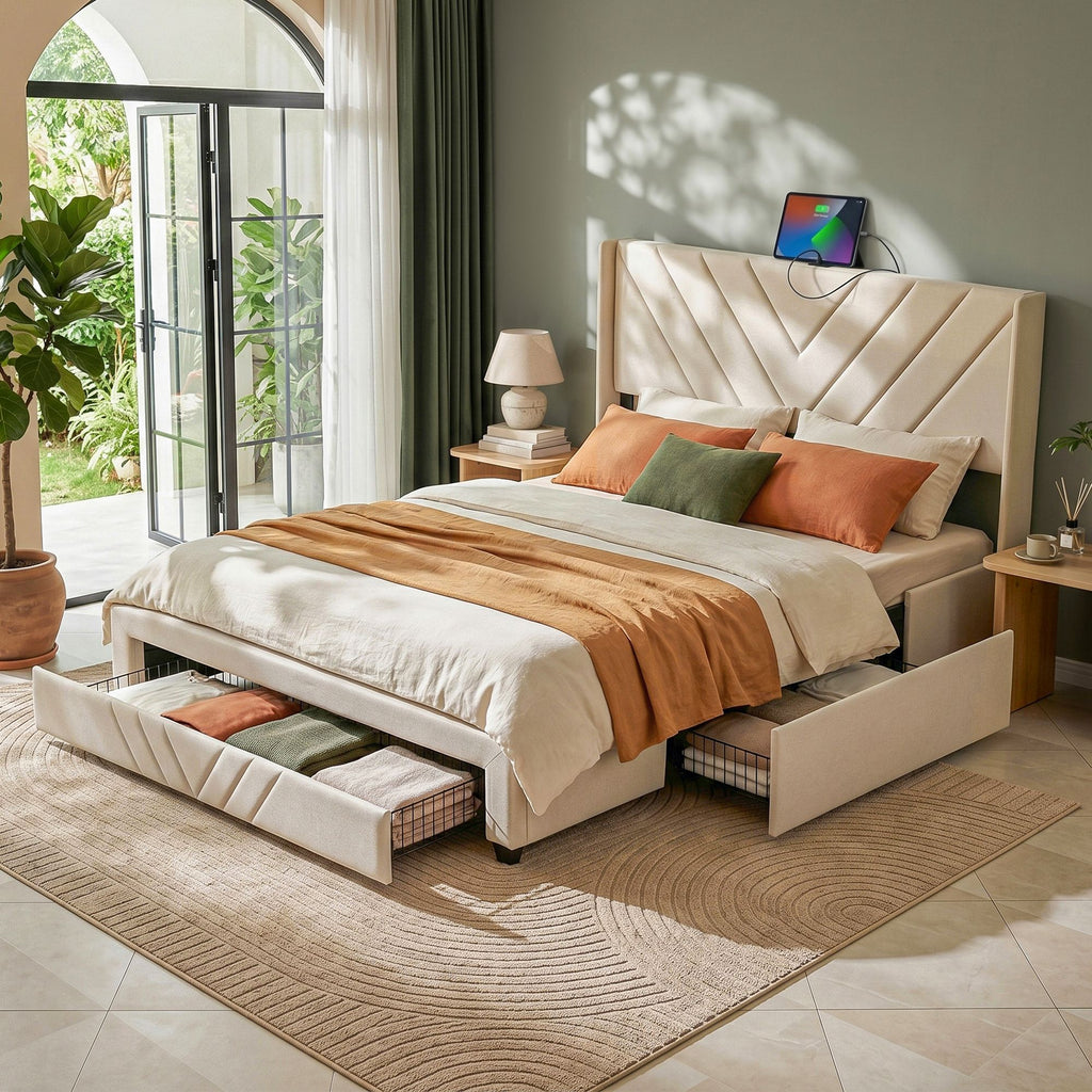 Artiss Double Bed Frame with Charging Station & Storage Drawers – Beige, 300KG, Noise Free
