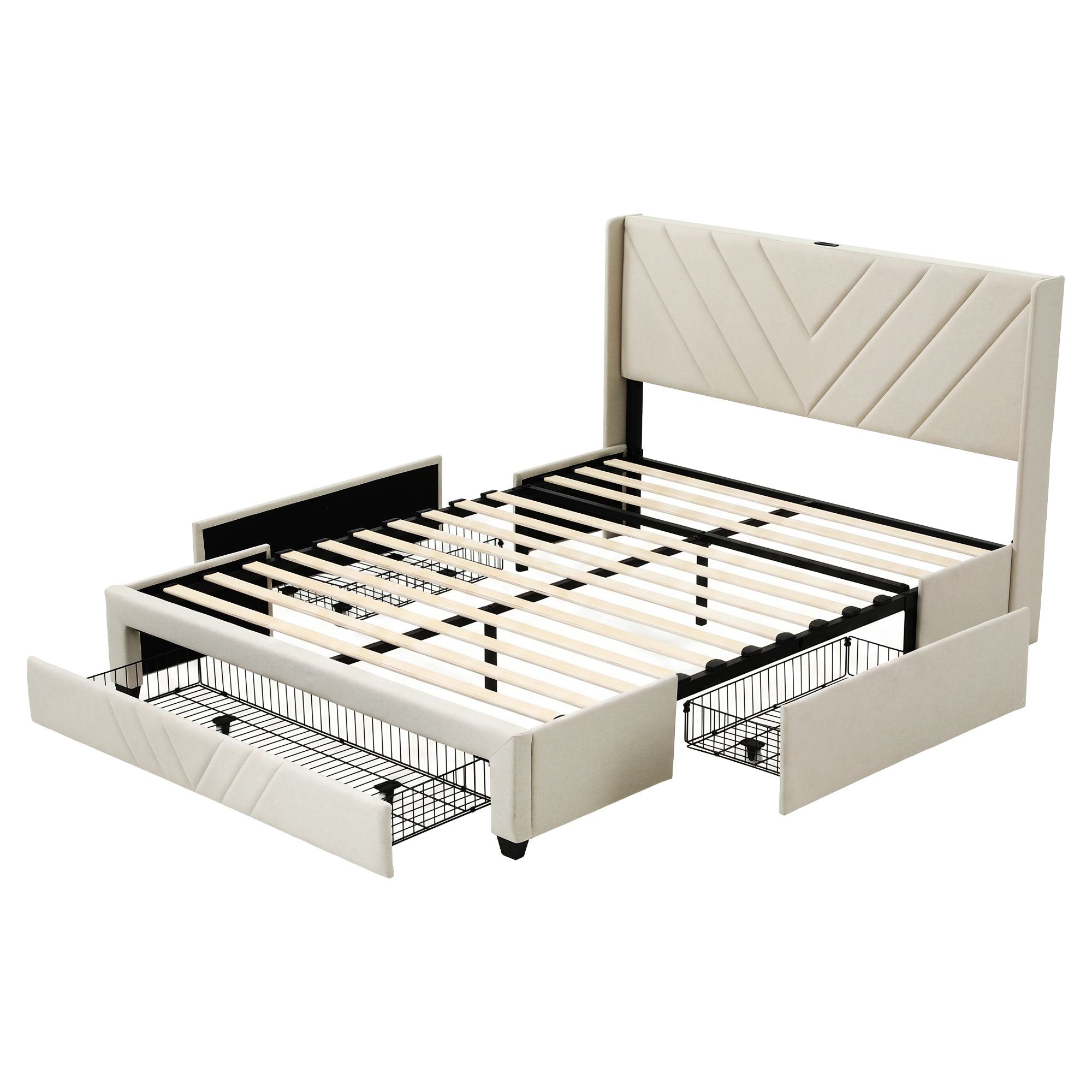 Artiss Double Bed Frame with Charging Station & Storage Drawers – Beige, 300KG, Noise Free