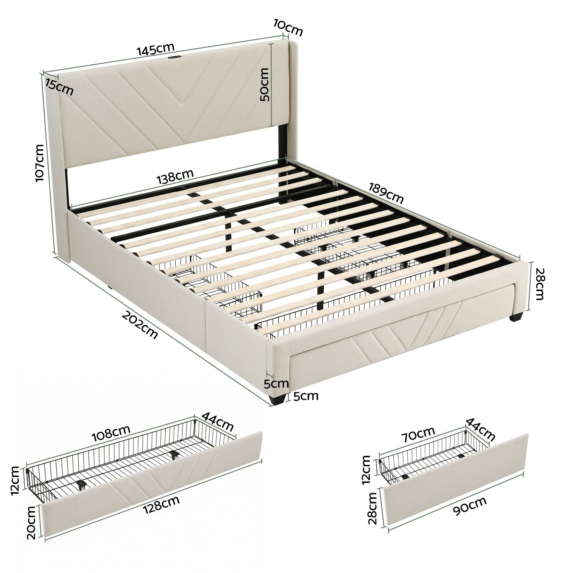 Artiss Double Bed Frame with Charging Station & Storage Drawers – Beige, 300KG, Noise Free