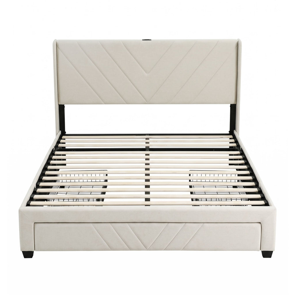 Artiss Double Bed Frame with Charging Station & Storage Drawers – Beige, 300KG, Noise Free