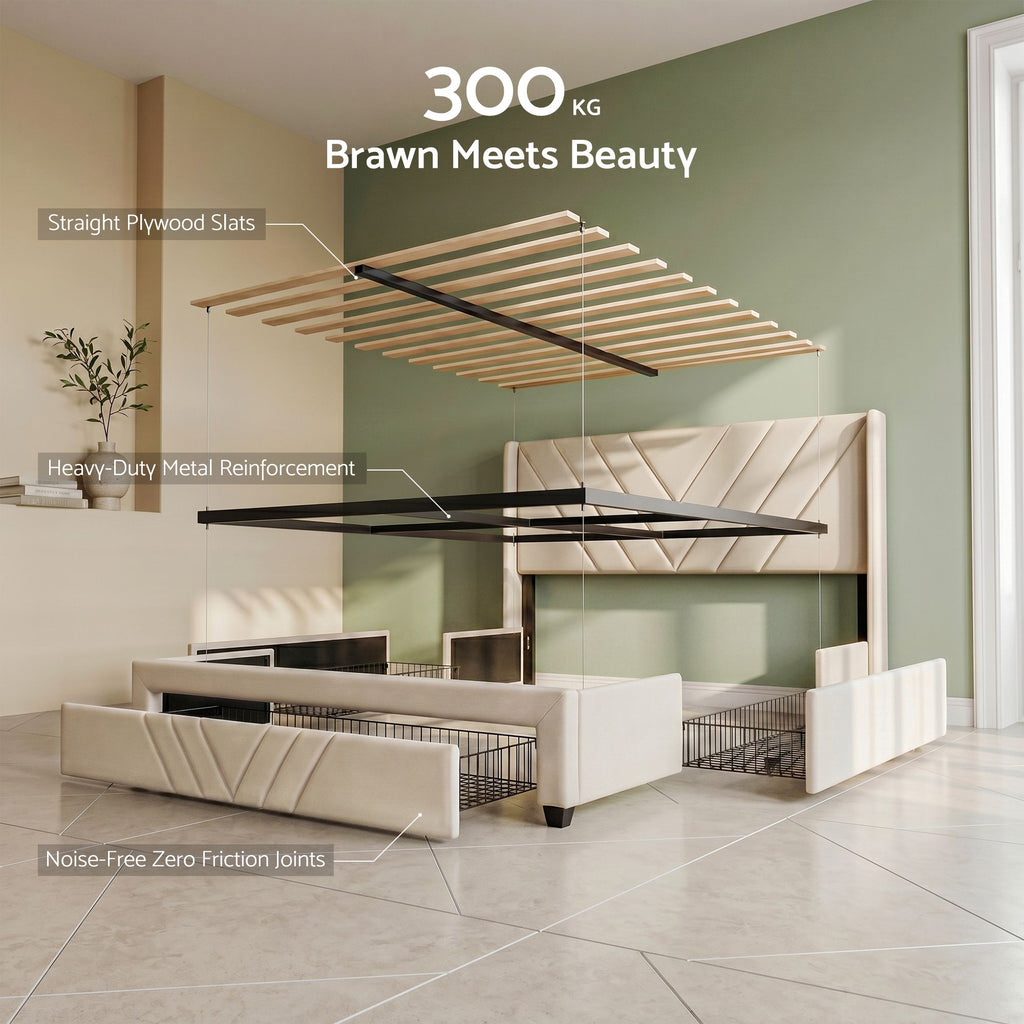 Artiss Double Bed Frame with Charging Station & Storage Drawers – Beige, 300KG, Noise Free