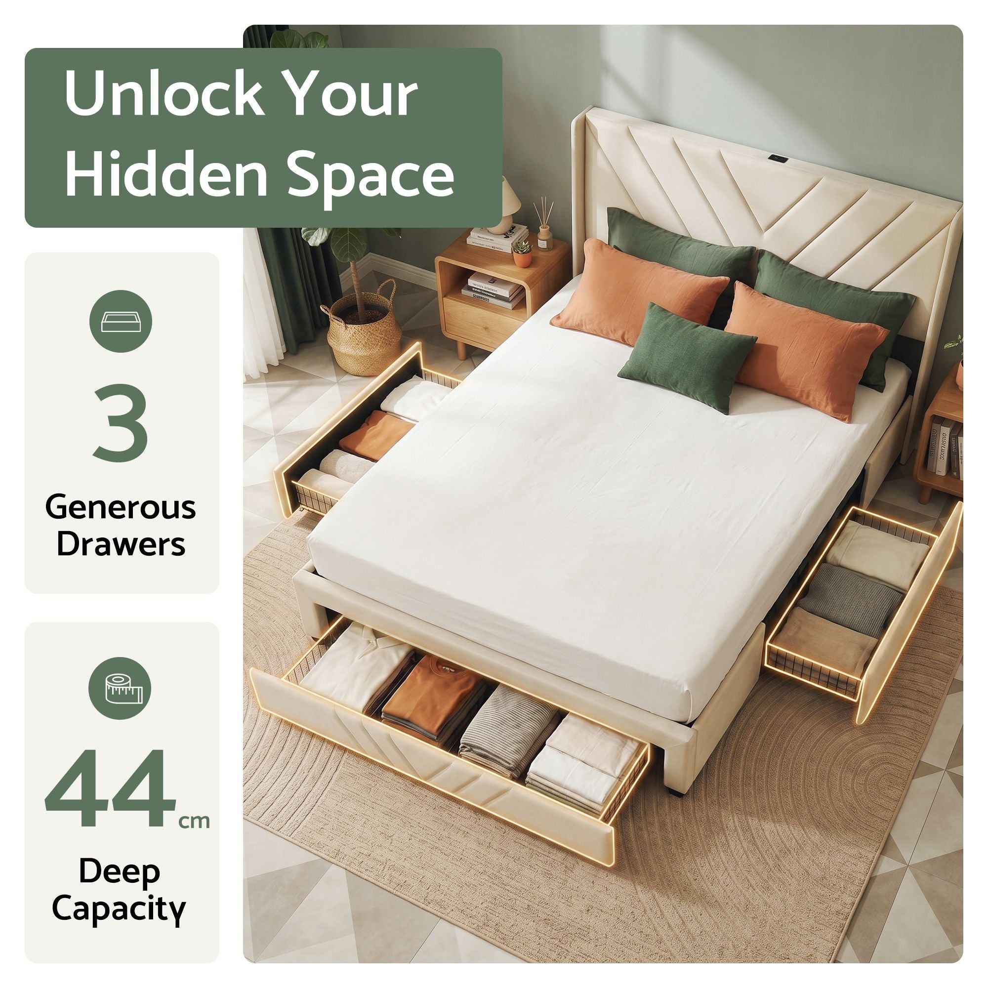 Artiss King Bed Frame with Storage Drawers & USB Charging Station | Upholstered Tufted Headboard | 300kg