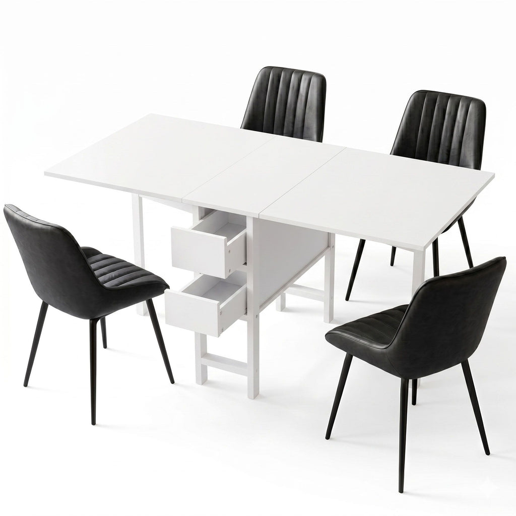 Artiss 5-Piece Foldable Dining Table & Chair Set | Gateleg Table with 2 Drawers & 4 PU Leather Chairs | Black & White