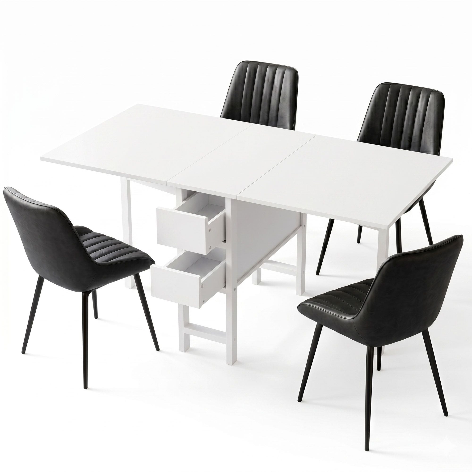 Artiss 5-Piece Foldable Dining Table & Chair Set | Gateleg Table with 2 Drawers & 4 PU Leather Chairs | Black & White