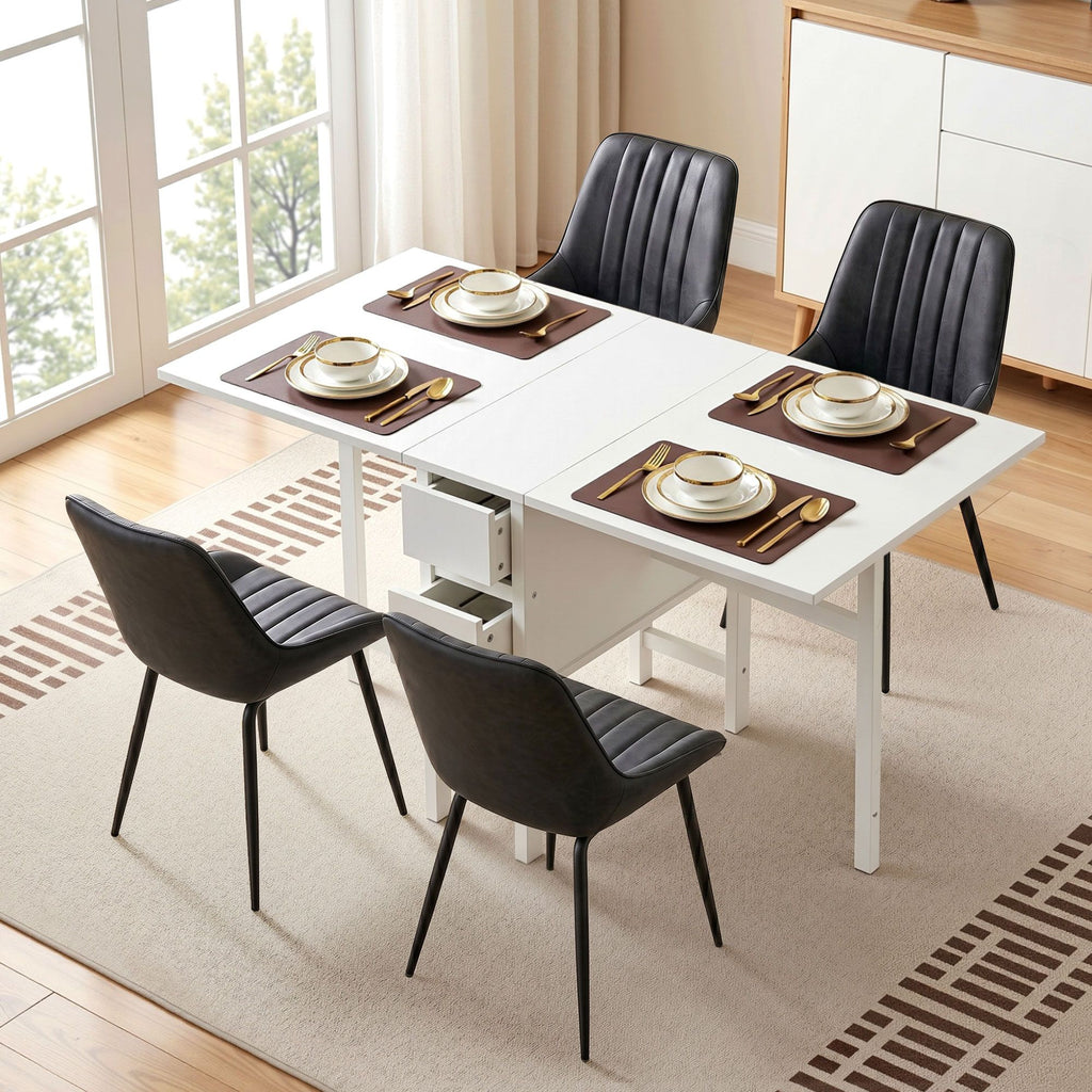 Artiss 5-Piece Foldable Dining Table & Chair Set | Gateleg Table with 2 Drawers & 4 PU Leather Chairs | Black & White