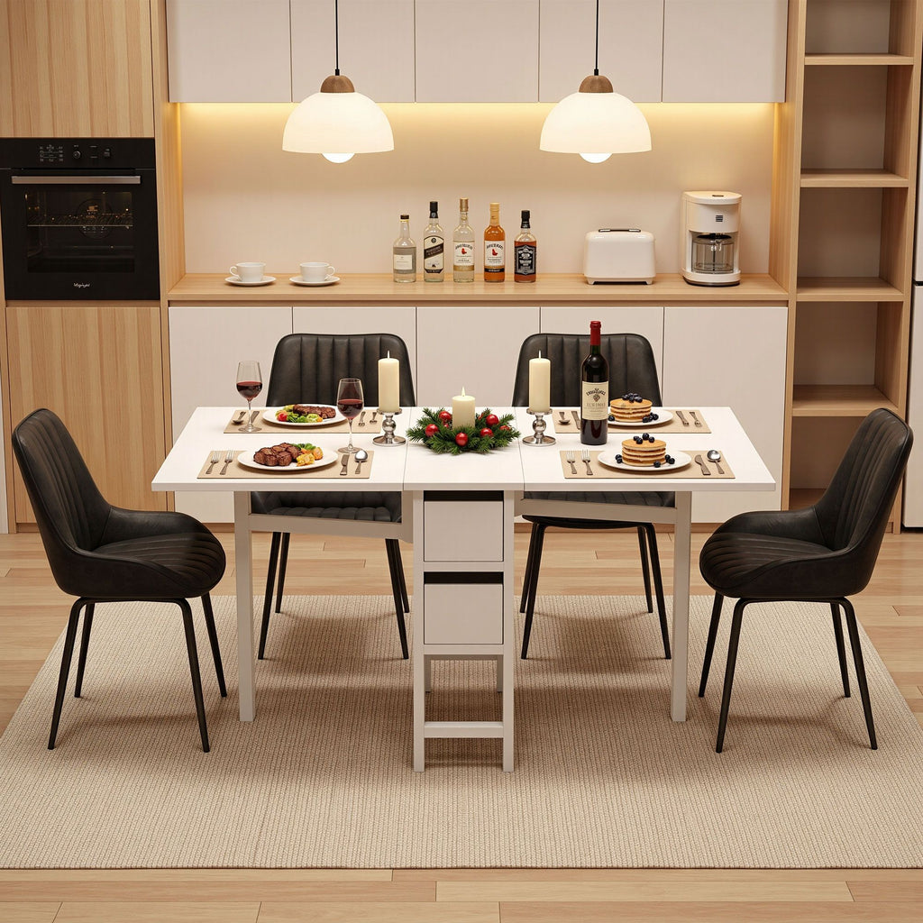 Artiss 5-Piece Foldable Dining Table & Chair Set | Gateleg Table with 2 Drawers & 4 PU Leather Chairs | Black & White