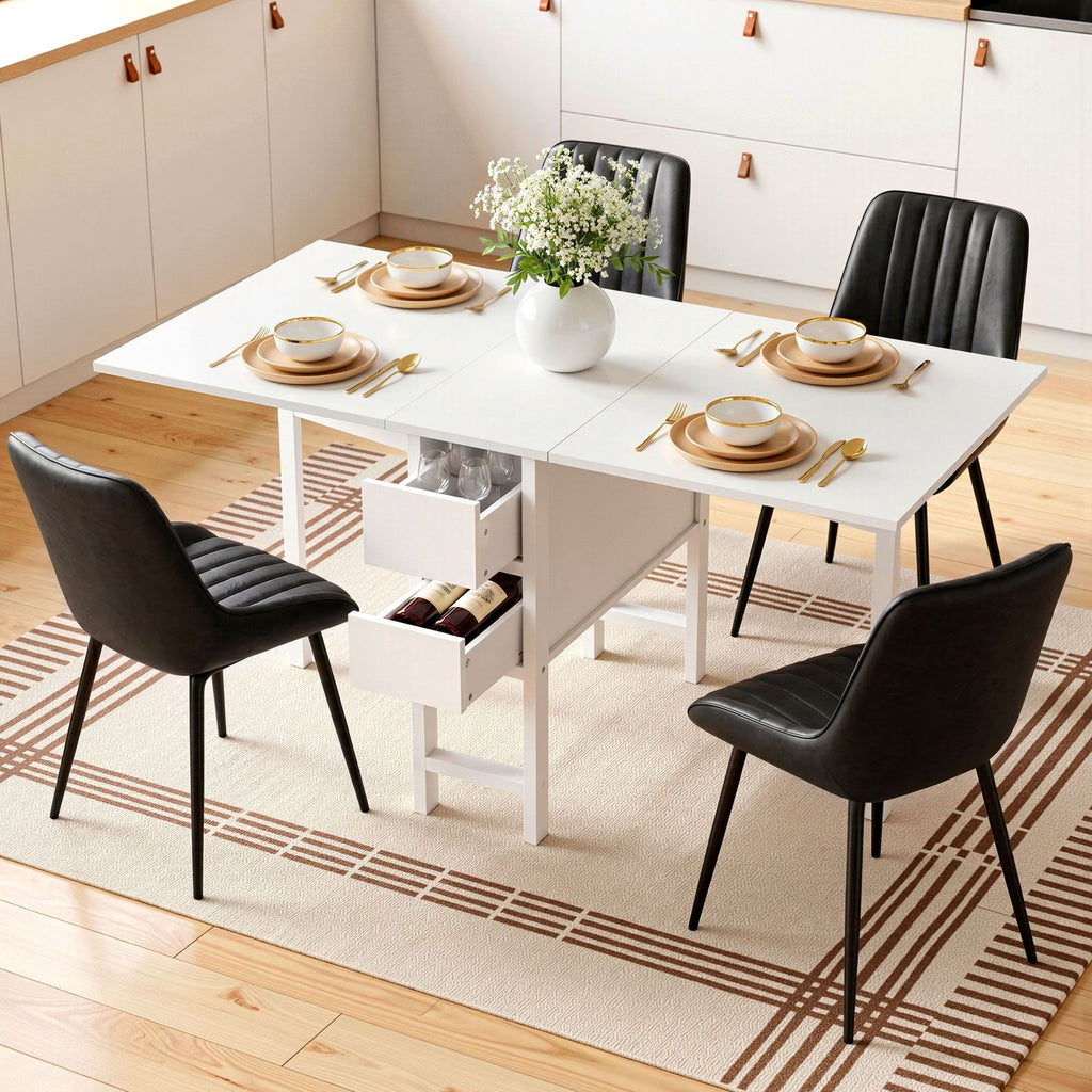 Artiss 5-Piece Foldable Dining Table & Chair Set | Gateleg Table with 2 Drawers & 4 PU Leather Chairs | Black & White