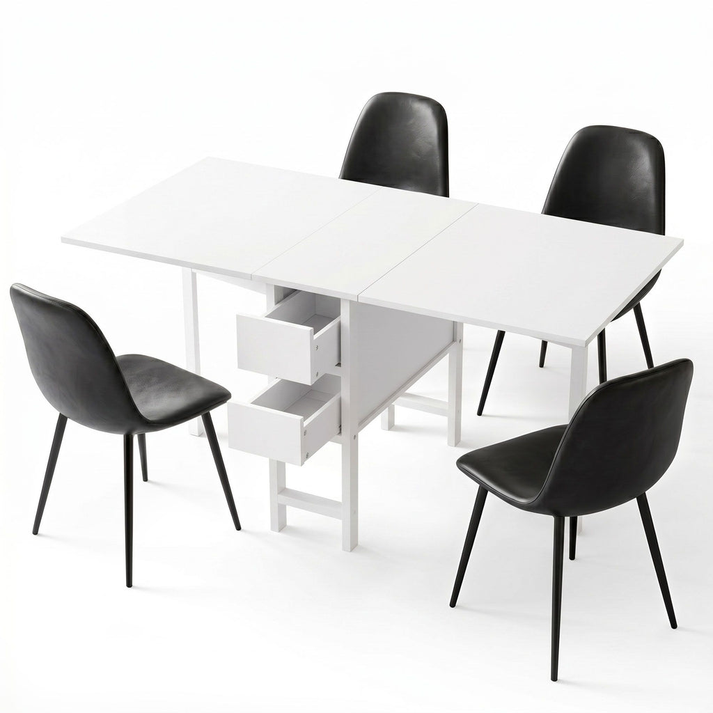 Artiss 5-Piece Foldable Dining Table & Chair Set | Gateleg Table with 2 Drawers & 4 Padded Chairs | Black & White