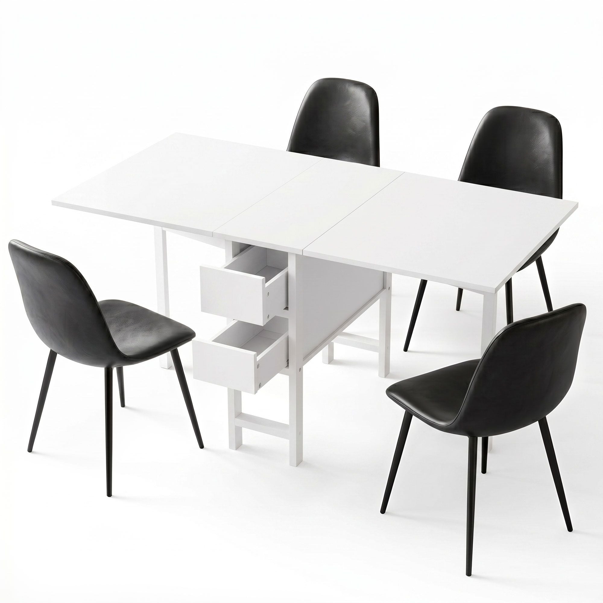Artiss 5-Piece Foldable Dining Table & Chair Set | Gateleg Table with 2 Drawers & 4 Padded Chairs | Black & White