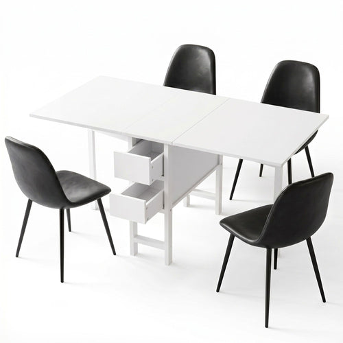 White dining table with four black chairs on a white background