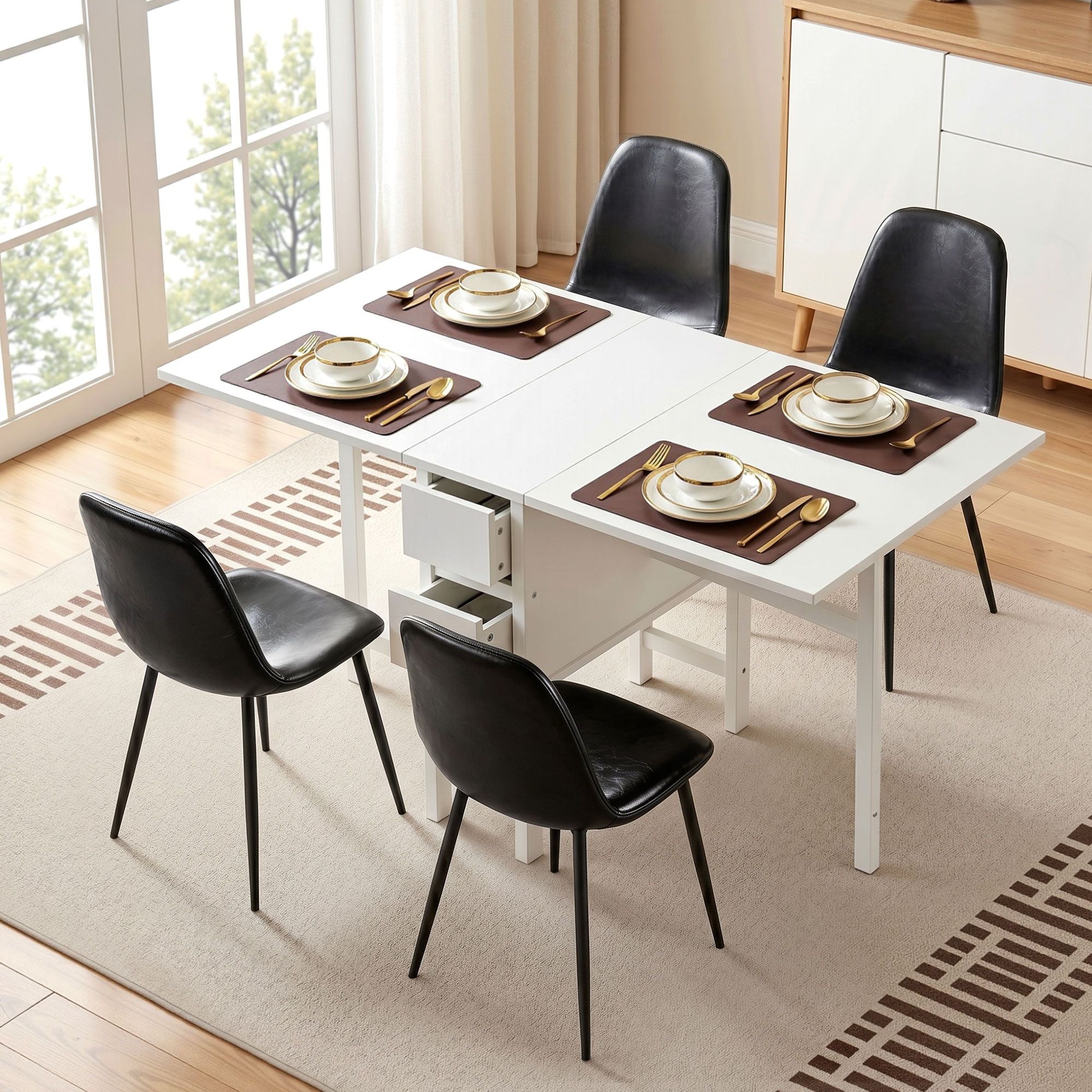 Artiss 5-Piece Foldable Dining Table & Chair Set | Gateleg Table with 2 Drawers & 4 Padded Chairs | Black & White