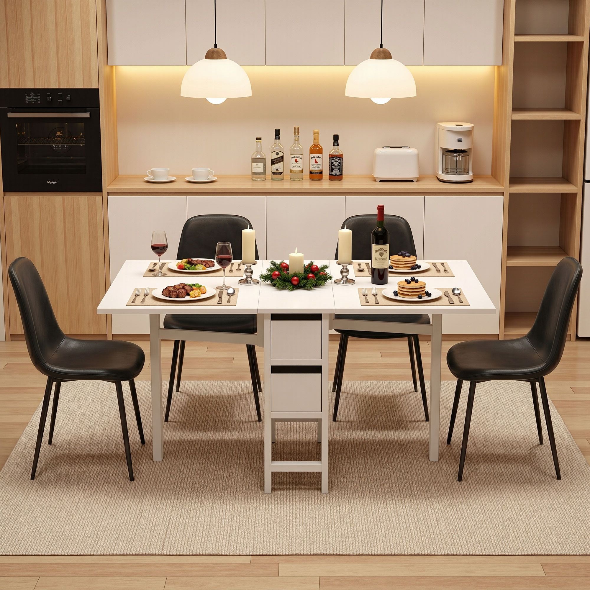 Artiss 5-Piece Foldable Dining Table & Chair Set | Gateleg Table with 2 Drawers & 4 Padded Chairs | Black & White