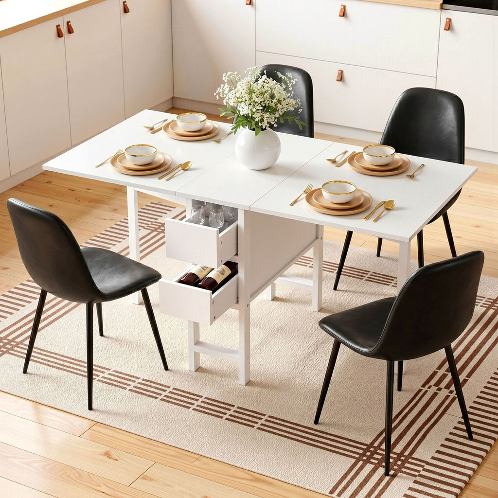 Artiss 5-Piece Foldable Dining Table & Chair Set | Gateleg Table with 2 Drawers & 4 Padded Chairs | Black & White