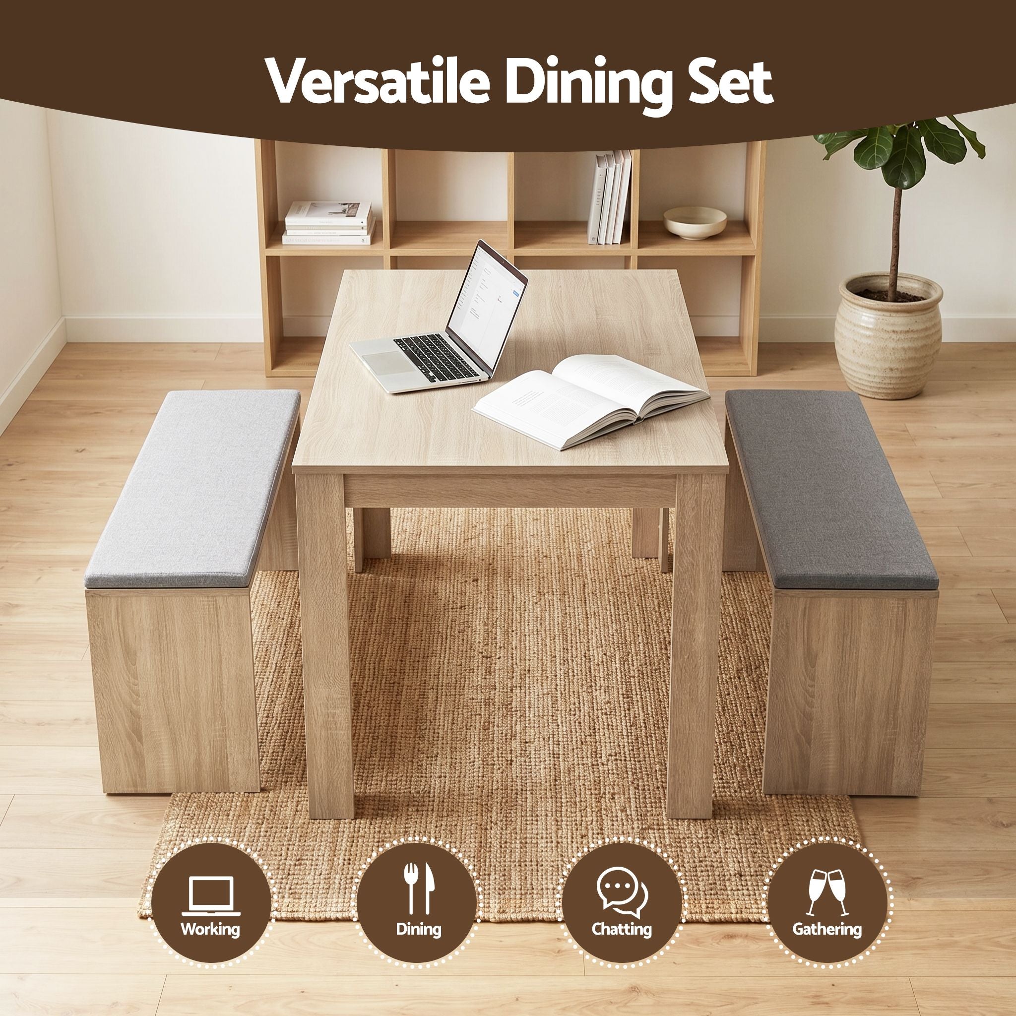 Artiss 3-Piece Dining Set – 120cm Oak Dining Table & 2 Upholstered Chairs