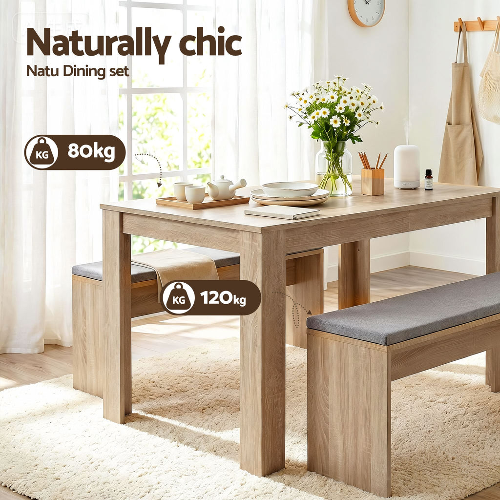 Artiss 3-Piece Dining Set – 120cm Oak Dining Table & 2 Upholstered Chairs