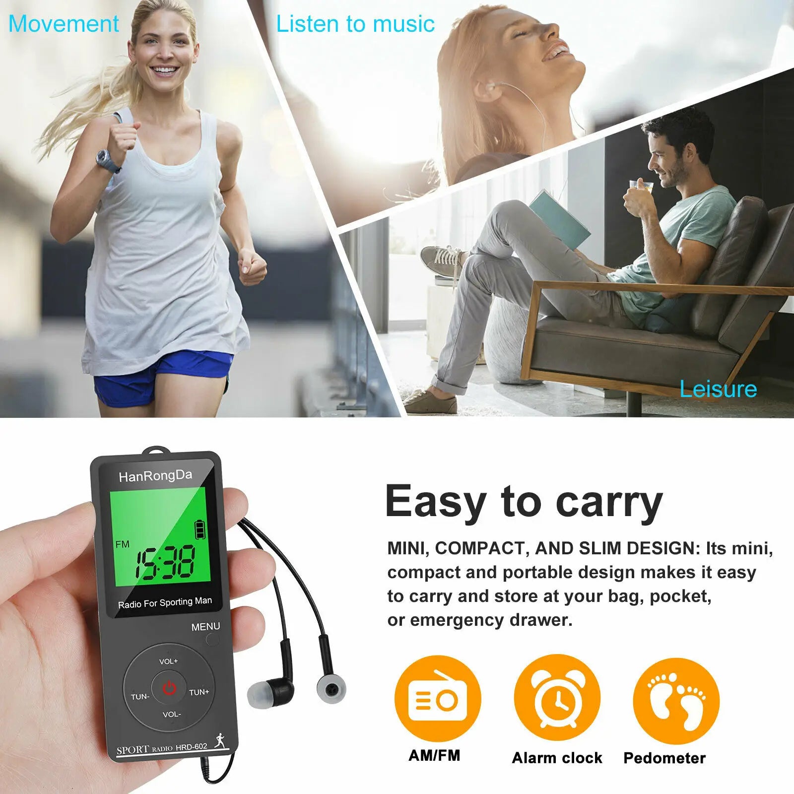 Portable AM/FM Mini Sports Radio with Pedometer & LED Display – Pocket Radio for Walking & Running