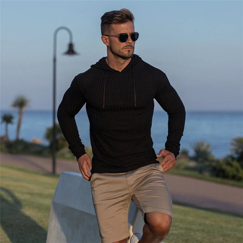 Men's Hooded Turtleneck Pullover Sweater – Slim Fit Knit Jumper | Grey, Black, White