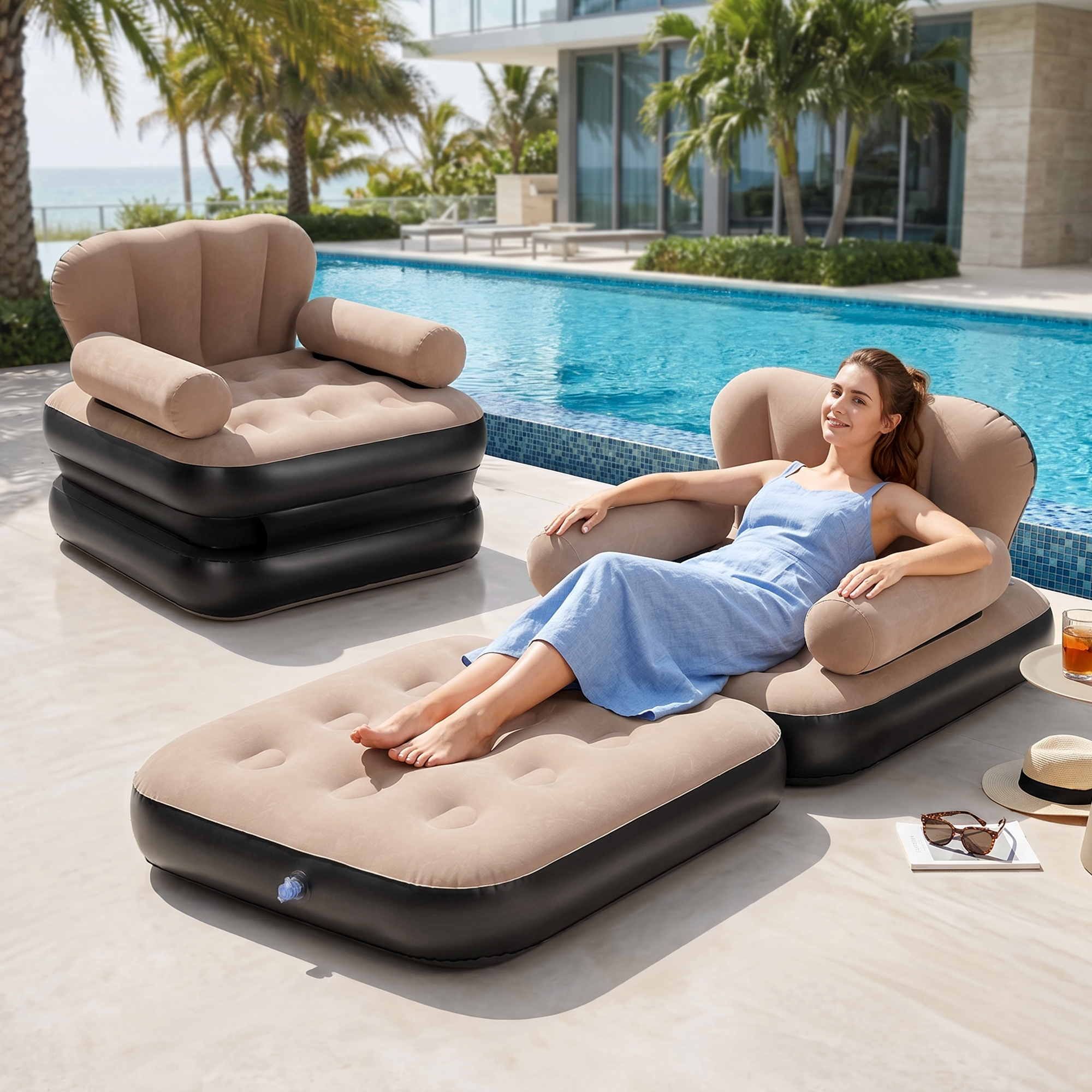 Woman relaxing on an inflatable lounge chair by a poolside.