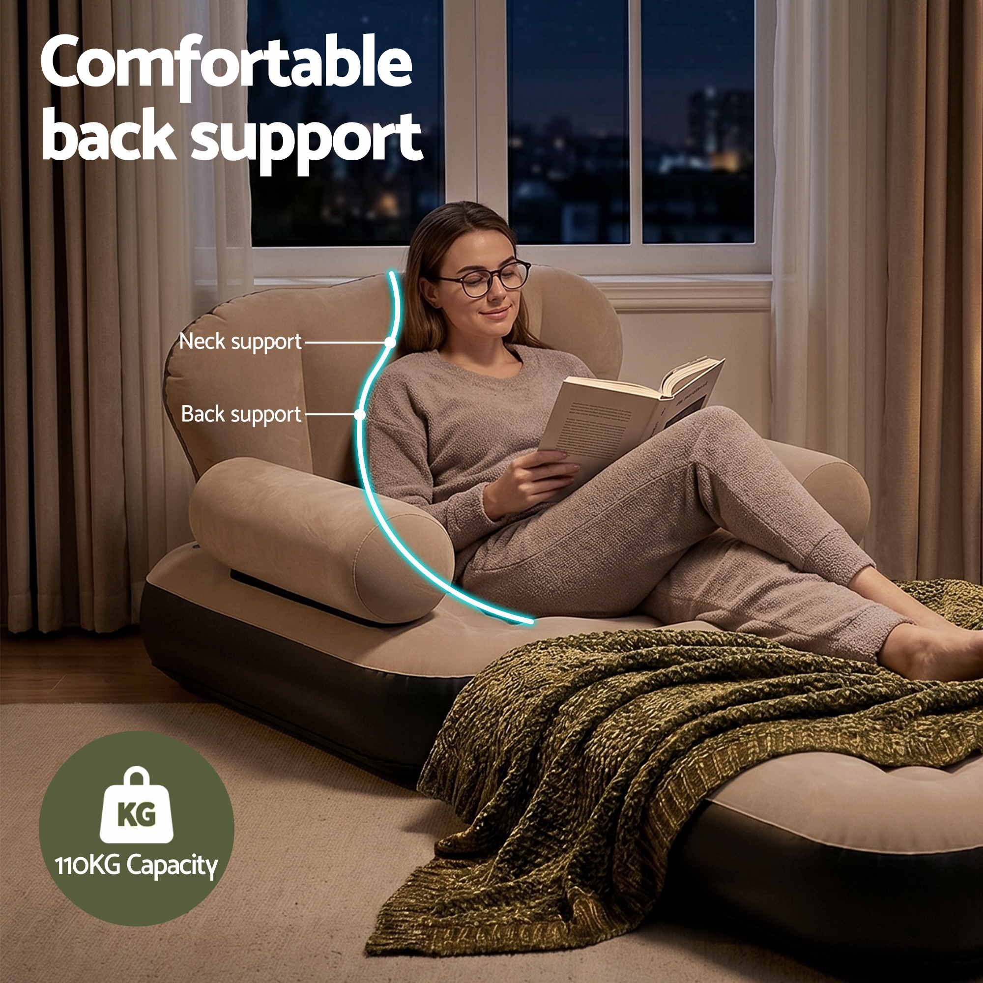 Woman reading a book on a bean bag chair with comfort features highlighted.