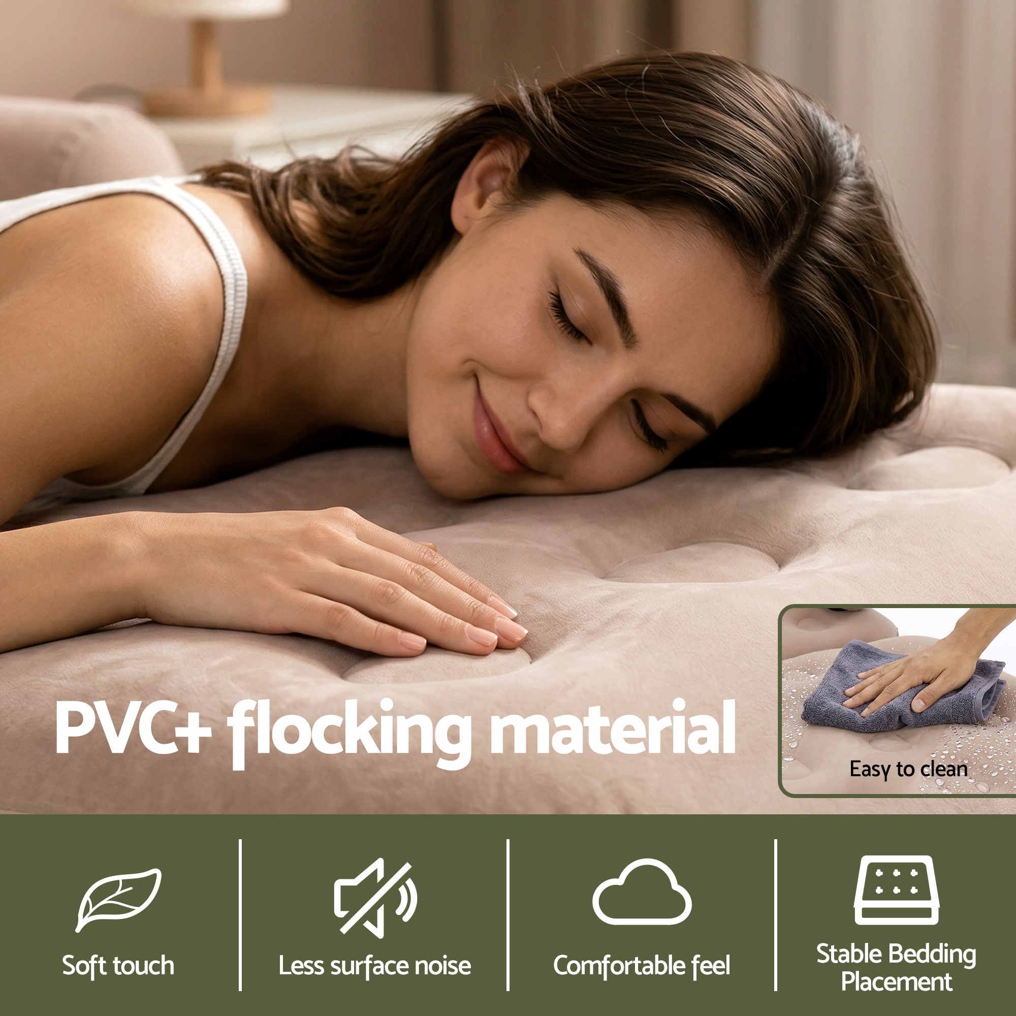 Woman lying on a mattress with text highlighting PVC+ flocking material features.