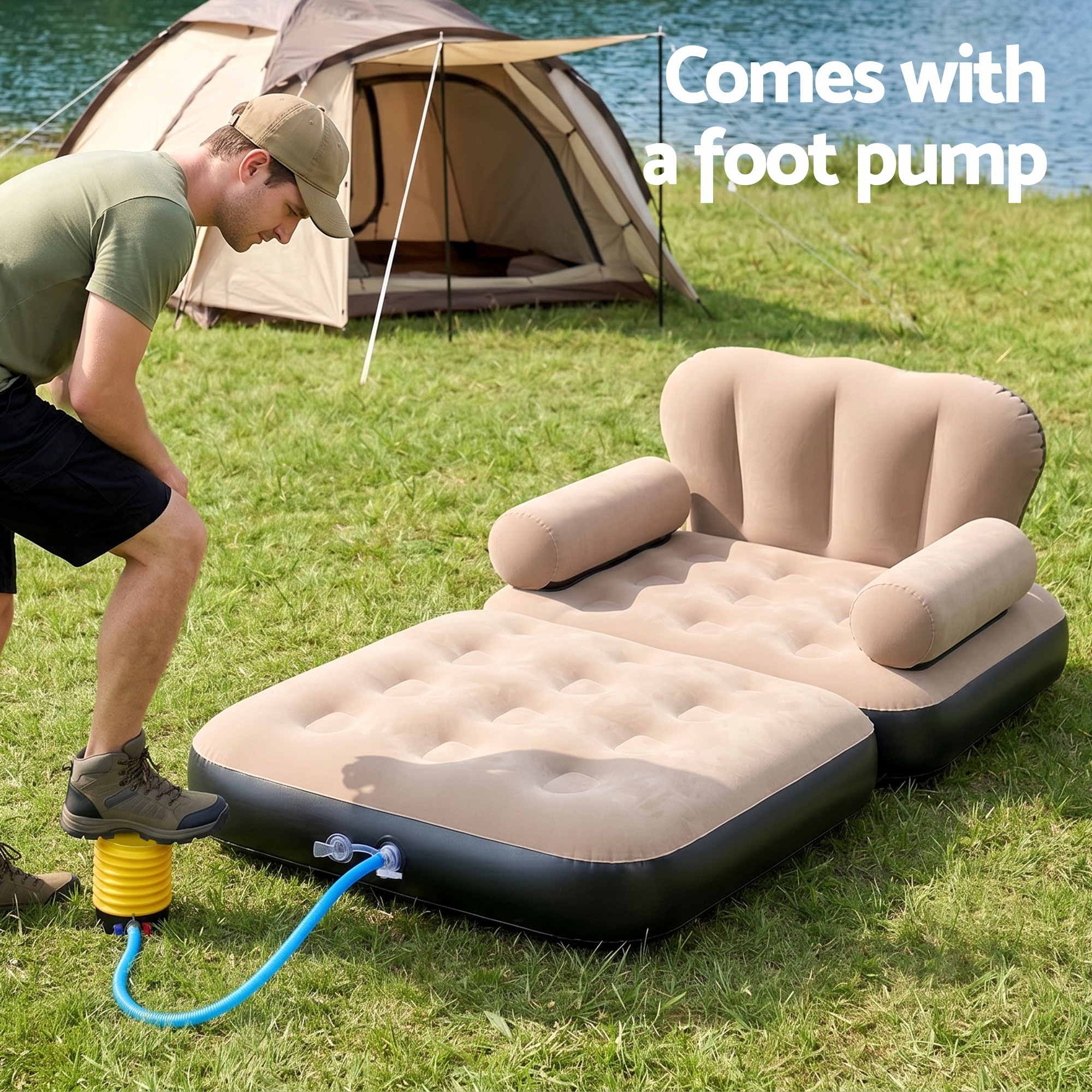 Inflatable camping mattress with foot pump being used by a person outdoors.