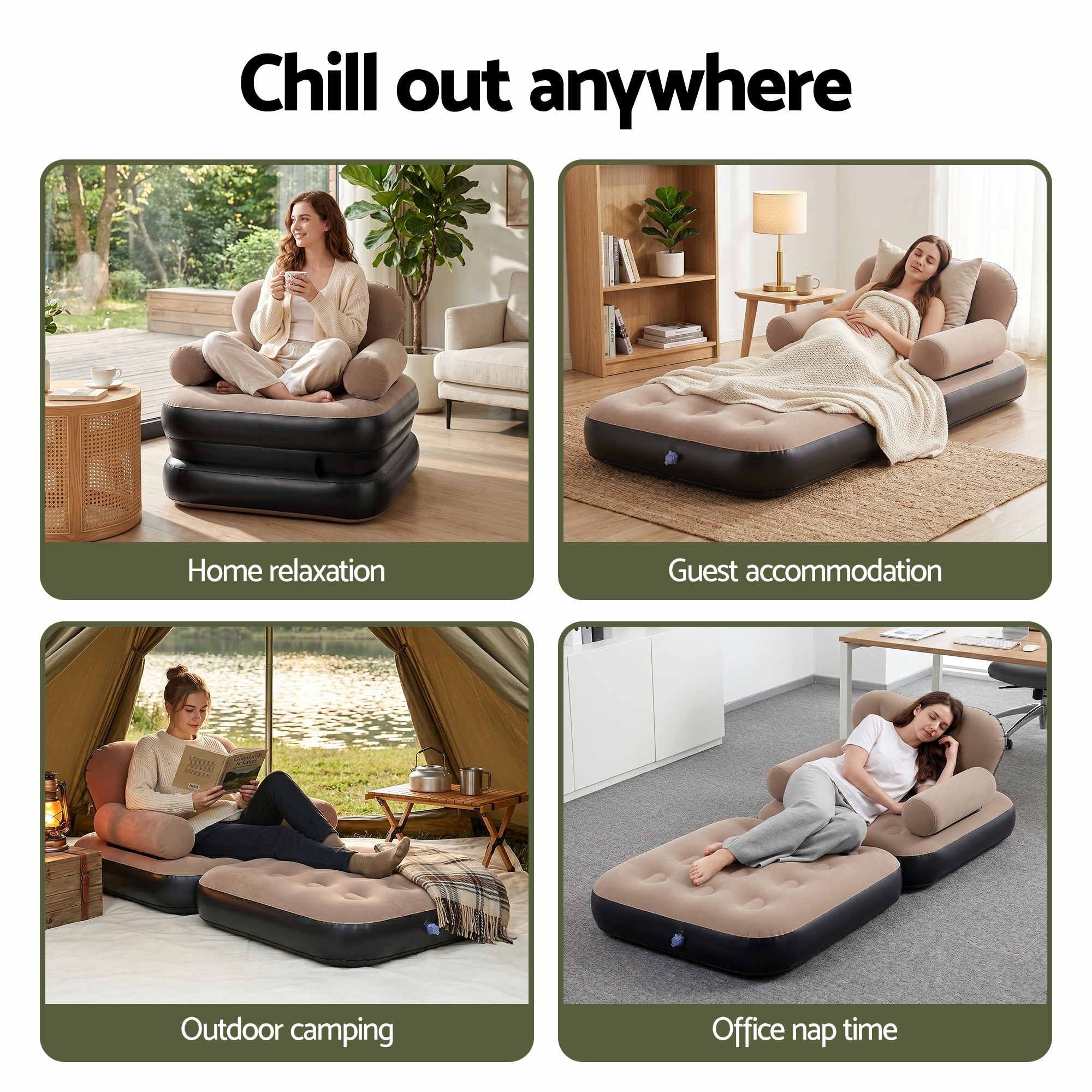 Inflatable sofa in various settings including home, guest accommodation, outdoor camping, and office.