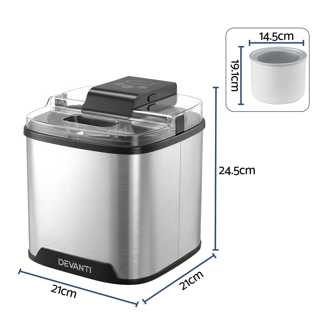Devanti ice cream maker with dimensions on a white background