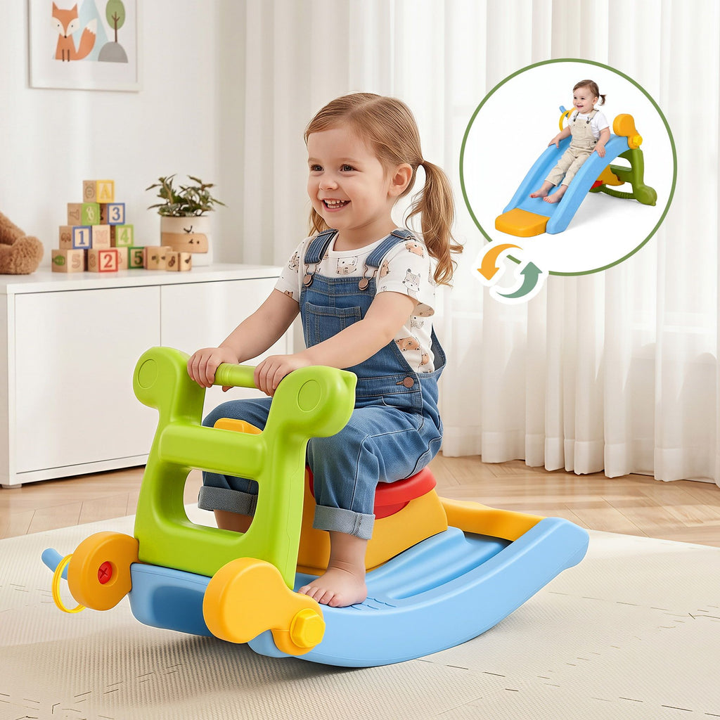 Keezi 3-in-1 Kids Activity Playset | Toddler Slide, Rocking Horse & Ring Toss | Indoor Play | Multicolour