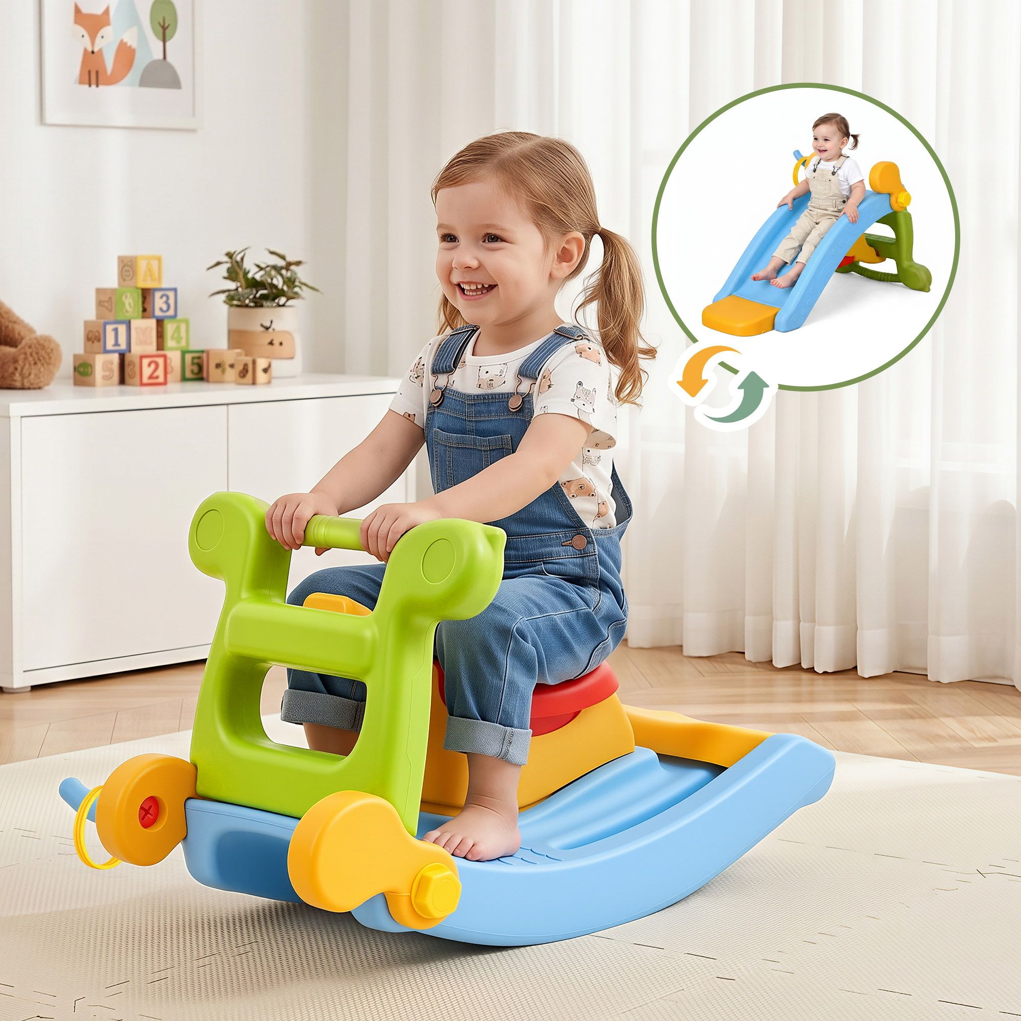 Keezi 3-in-1 Kids Activity Playset | Toddler Slide, Rocking Horse & Ring Toss | Indoor Play | Multicolour